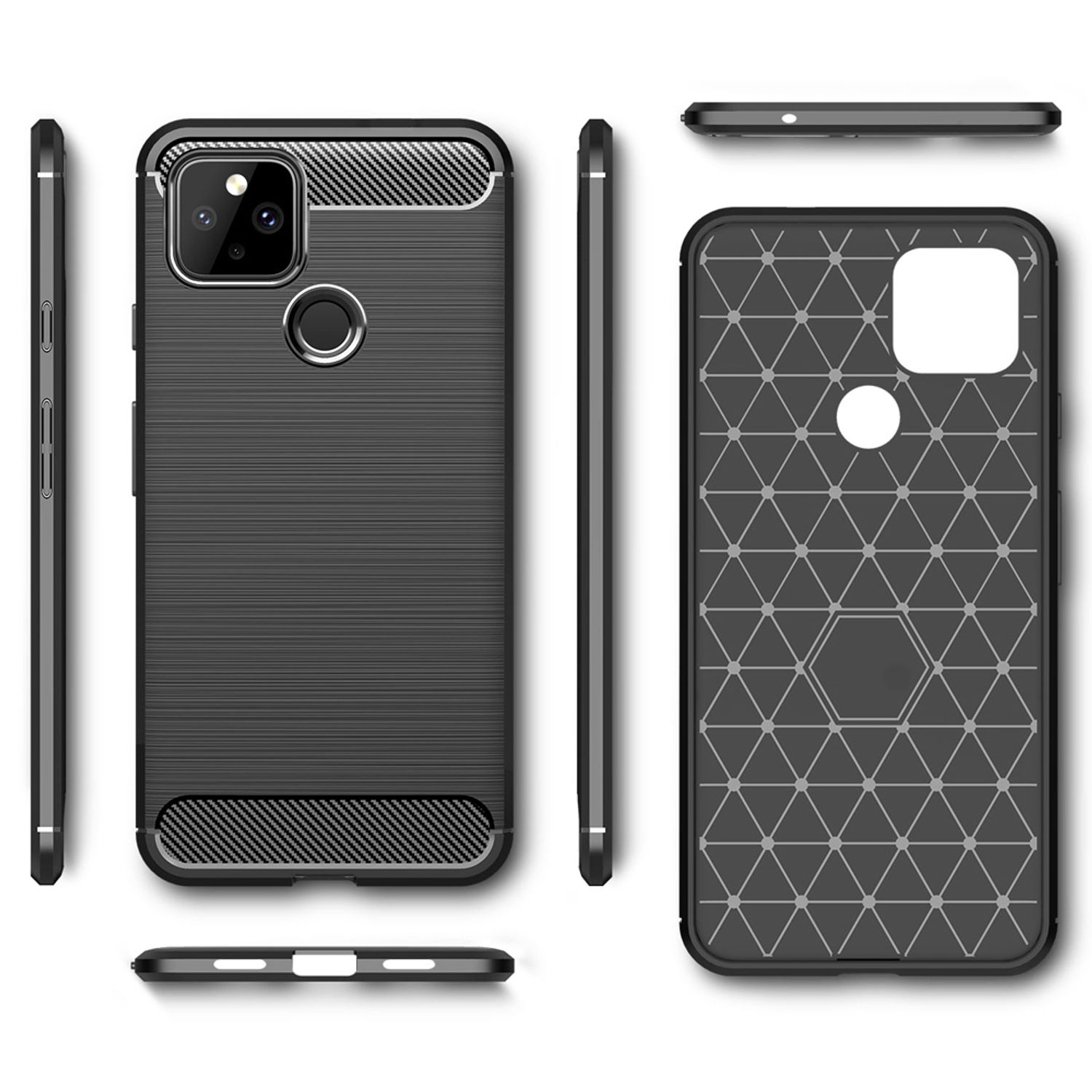 Schwarze Handyhülle. Mehrere Ansichten der Hülle. Die Rückseite ist geometrisch gemustert.