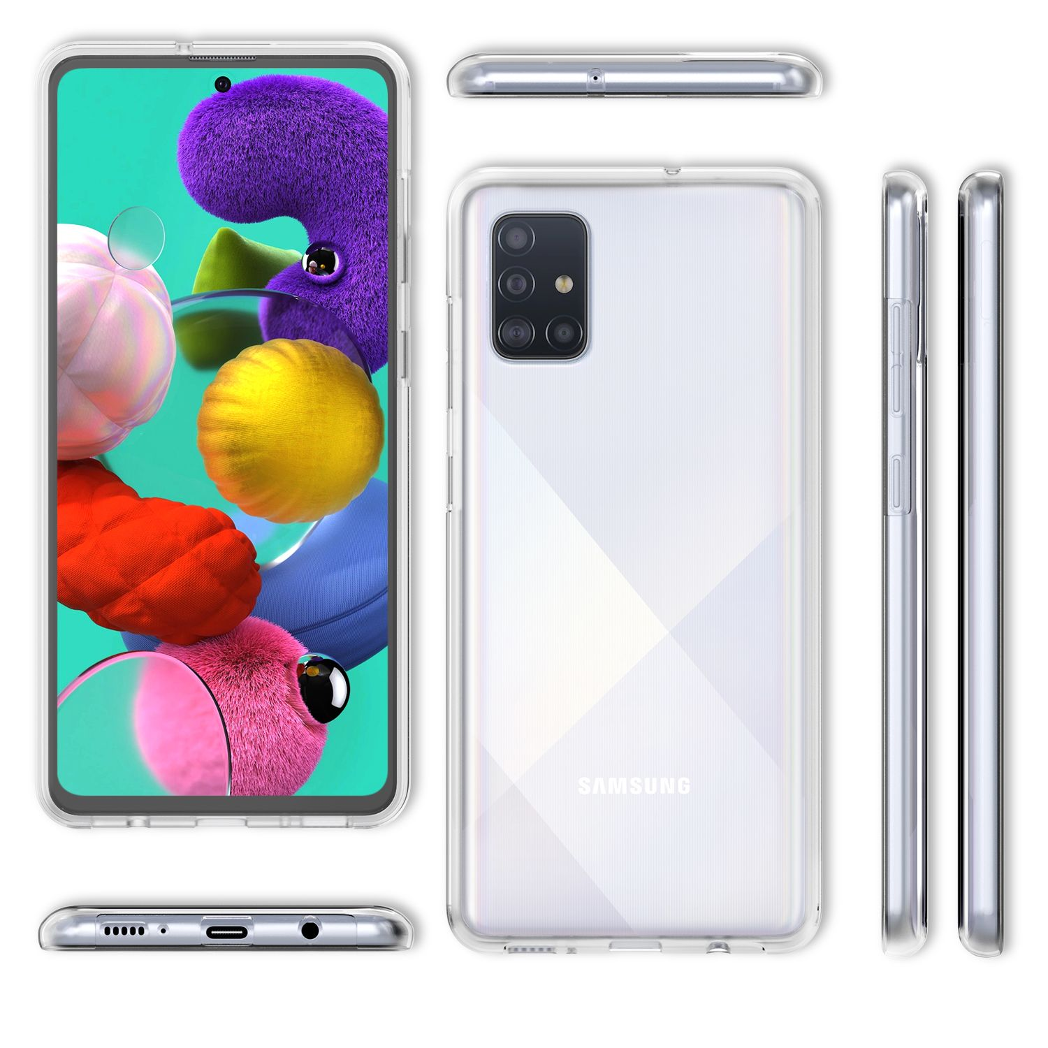 Eine transparente Handyhülle auf einem Telefon. Mehrere Ansichten des Telefons.