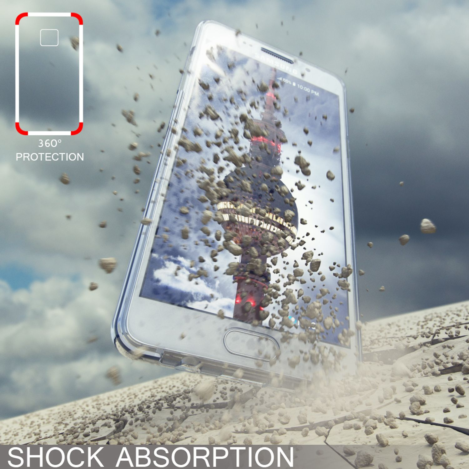 Telefon in klarer Hülle zerbricht und Steine fallen mit dem Text 'SHOCK ABSORPTION'.