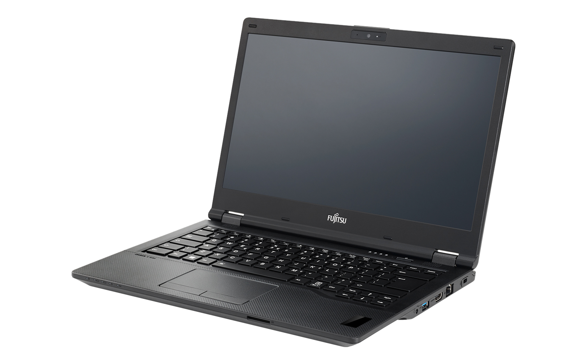Zwarte laptop, schuin op een witte achtergrond.