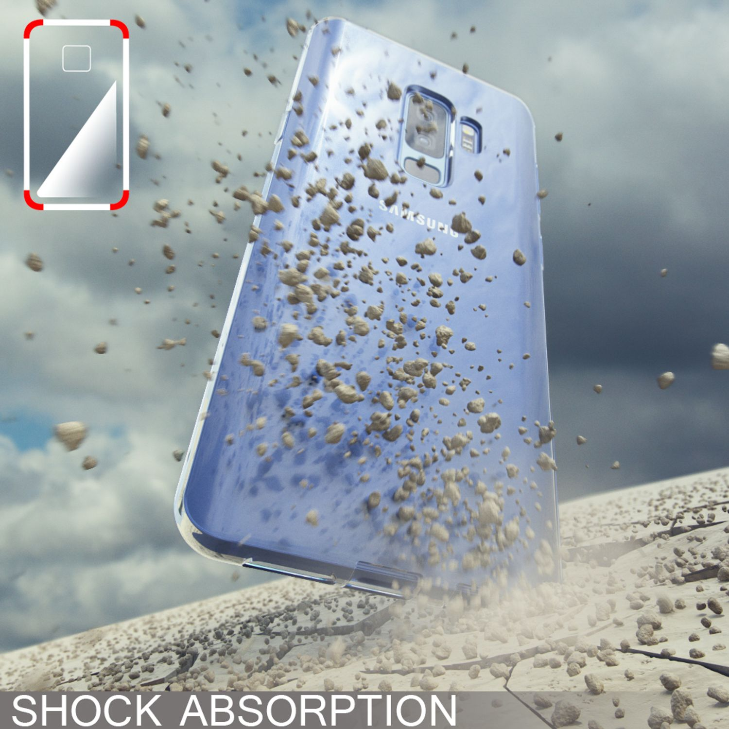 Blaue Handyhülle mit Telefonbild, das zerbricht, und den Worten 'SHOCK ABSORPTION'.