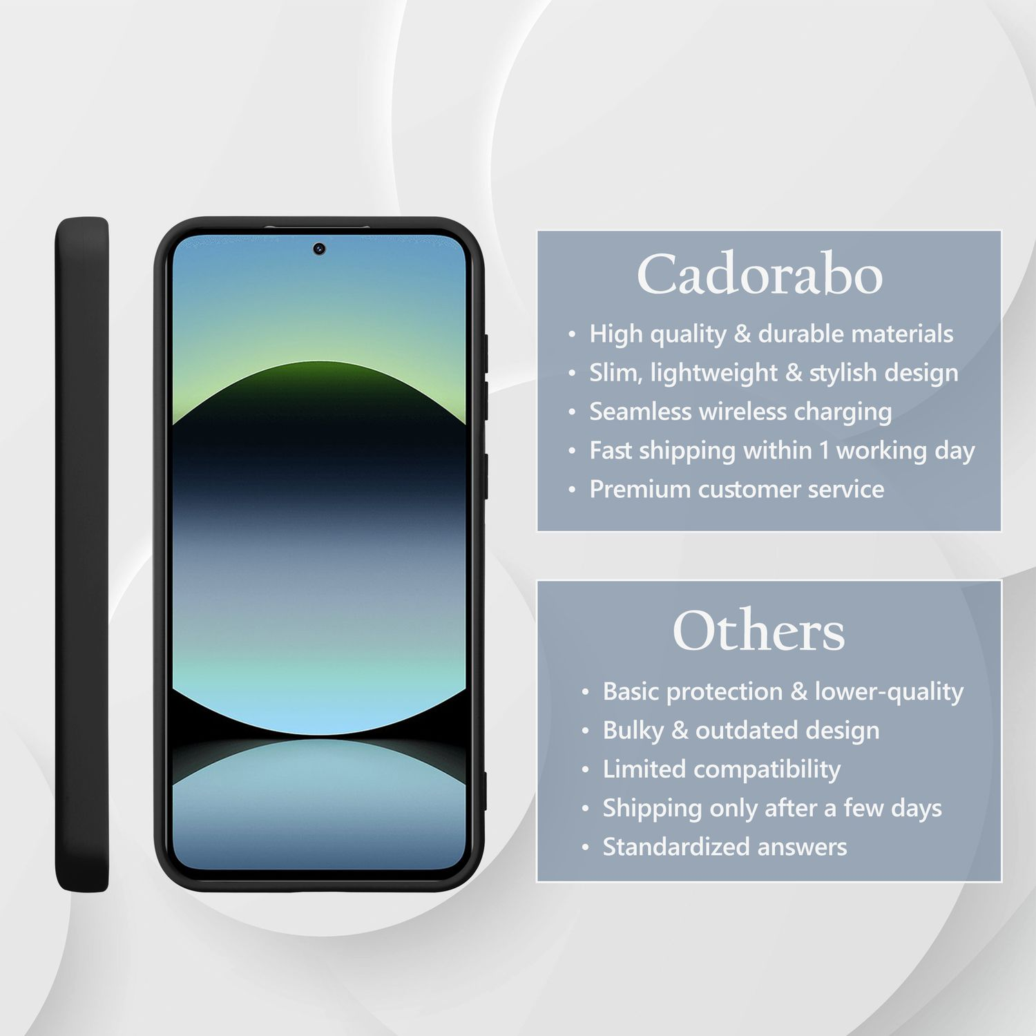 Telefon in schwarzer Hülle, mit Texten 'High quality', 'Slim design' und 'Fast shipping'.