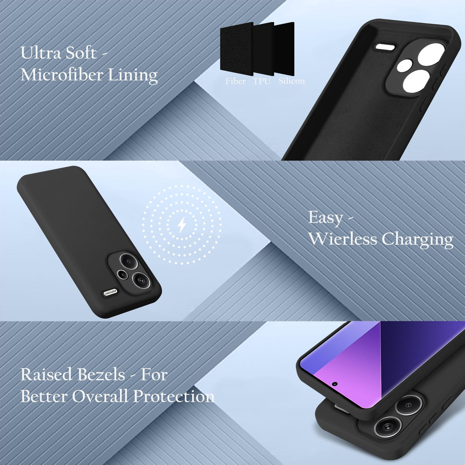 Mehrere Bilder einer schwarzen Handyhülle mit einem Telefon. Text: Ultraweiches Mikrofaserfutter, einfaches kabelloses Laden.