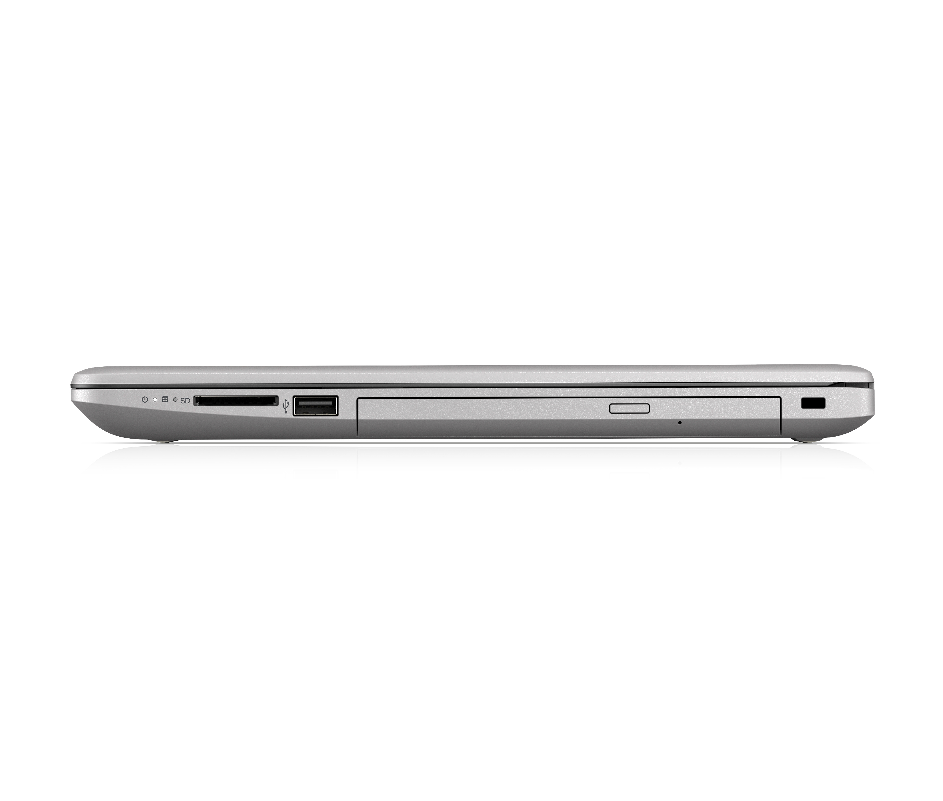 Seitenansicht eines silbernen Laptops. Die Anschlüsse und ein CD-Laufwerk sind sichtbar.