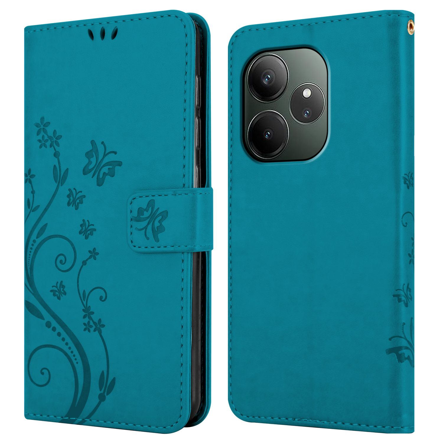 Türkisfarbene Telefon-Geldbörsenhülle, geschlossen und geöffnet. Blumendesign. Weißer Hintergrund.