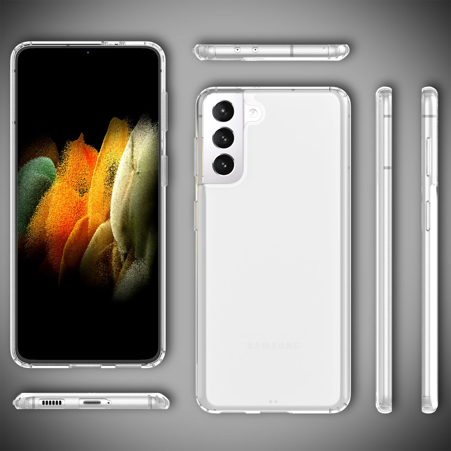 Transparente Handyhülle auf dem Telefon. Zeigt das Telefon. Grauer Hintergrund.