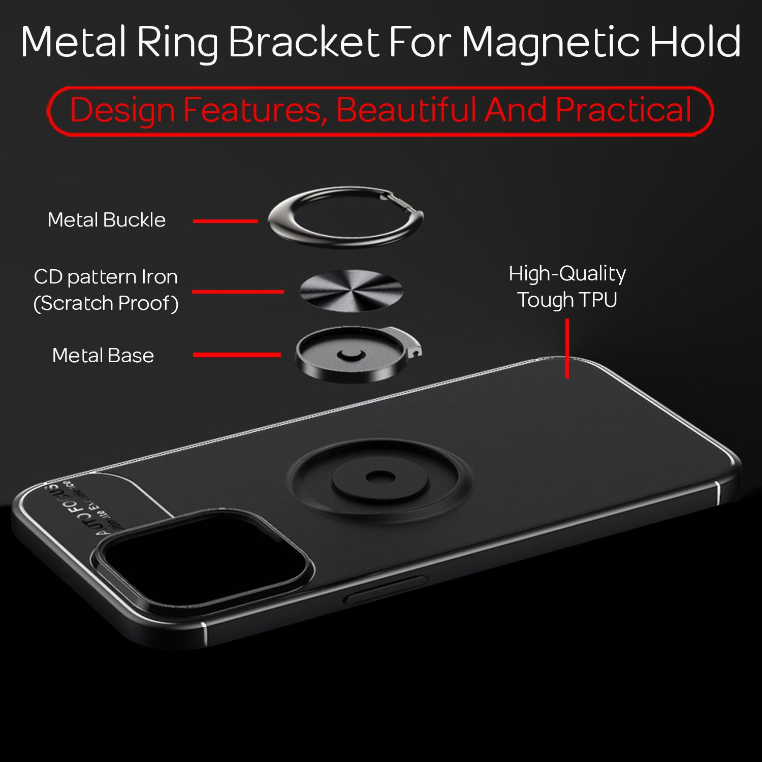 Una funda de teléfono con un anillo negro para sujeción magnética, con etiquetas de texto.