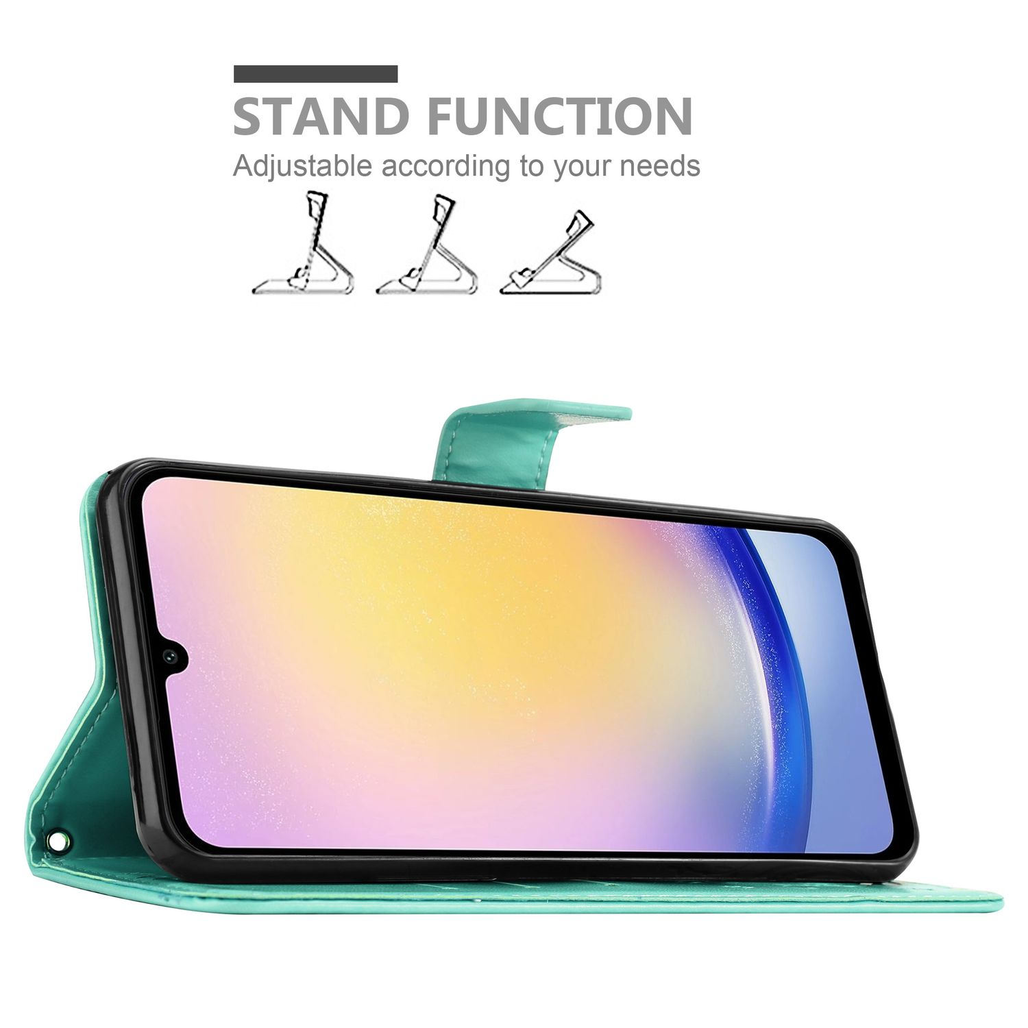 Türkisfarbene Handyhülle, geöffnet, zeigt ein Telefon mit hellem Bildschirm, Standfunktion Grafik oben.
