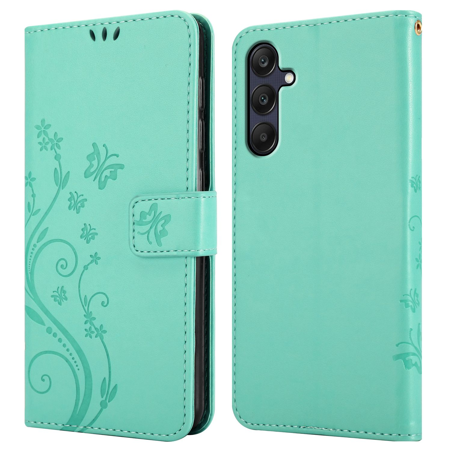 Türkisfarbene Handyhülle, geöffnet, zeigt ein Telefon mit drei Kameras und Blumendesign auf der Hülle.