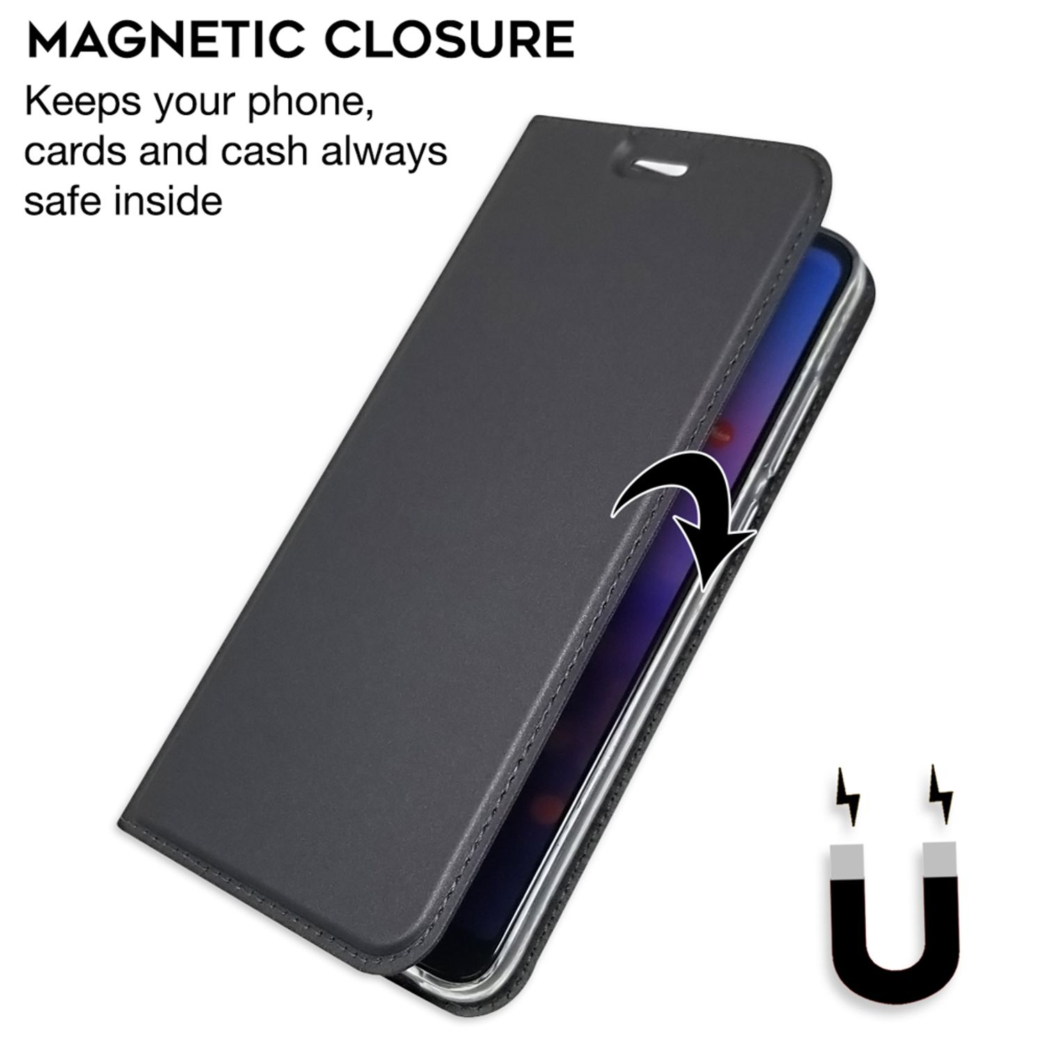 Eine schwarze Handyhülle, geöffnet, um ein Telefon zu zeigen. Die Hülle hat einen Magnetverschluss.