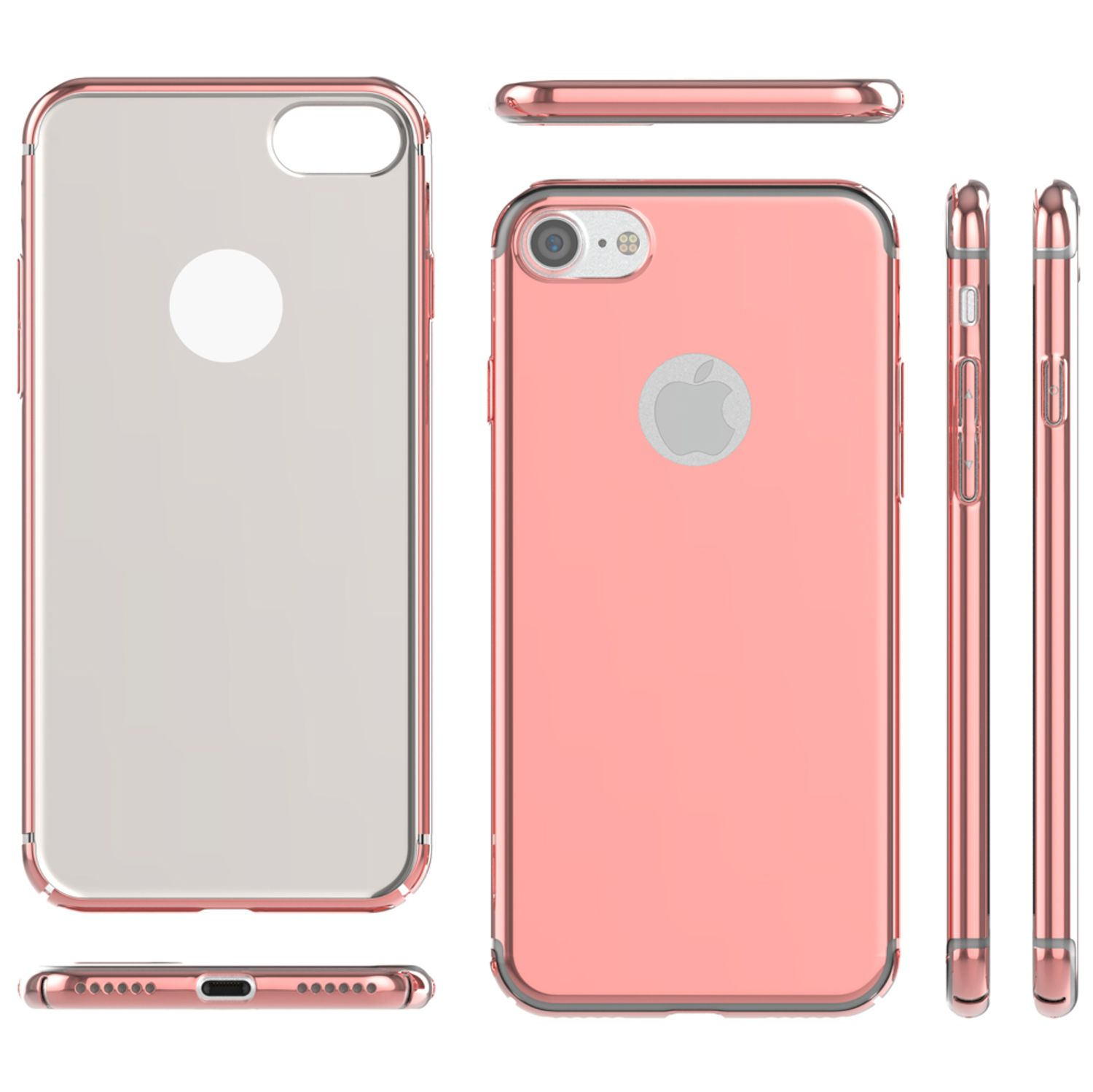 Eine Handyhülle mit mehreren Ansichten, die ein pinkes Telefon zeigen. Die Hülle ist roségoldfarben mit klarer Rückseite.