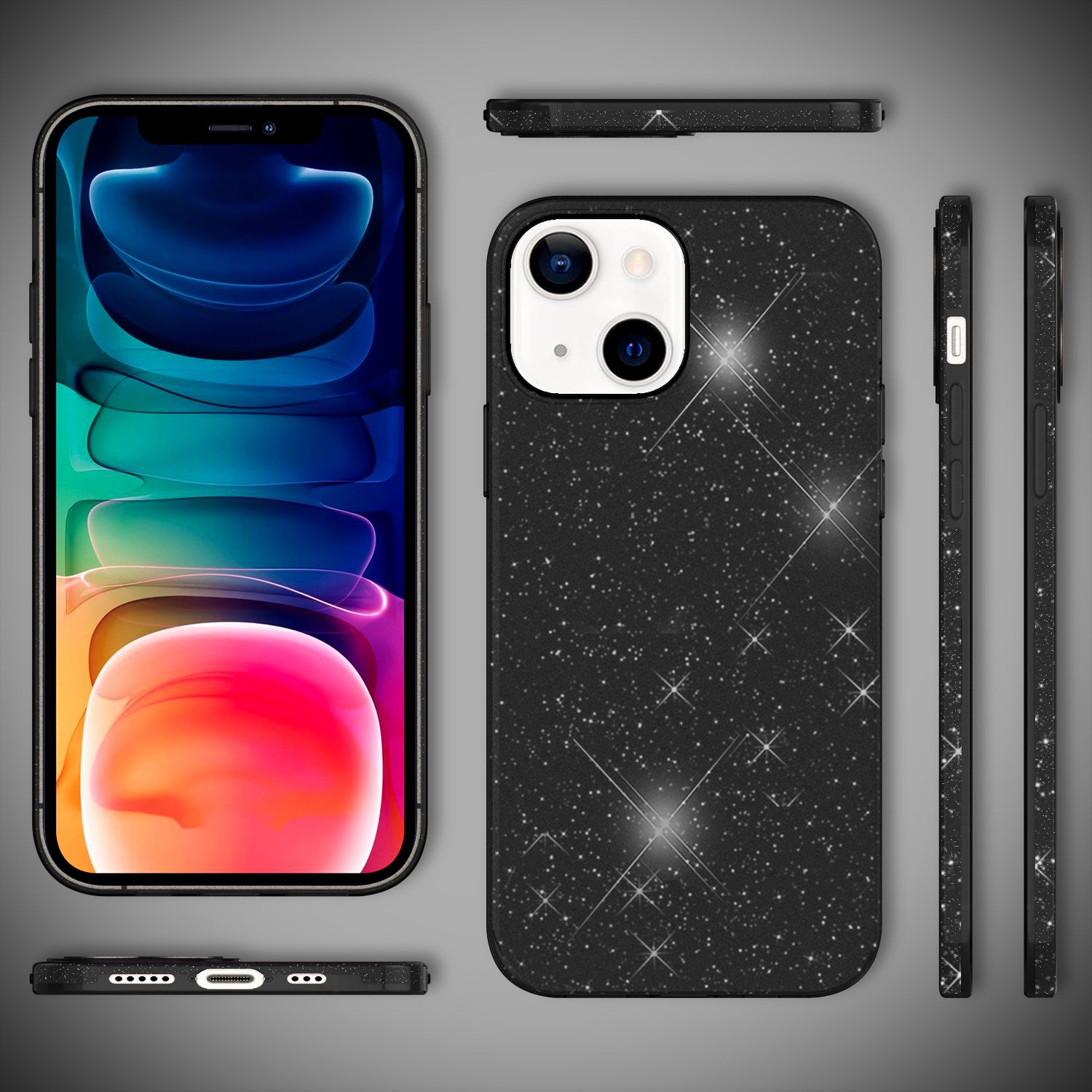 Custodia per telefono nera con brillantini e telefono. Visto da più angolazioni.