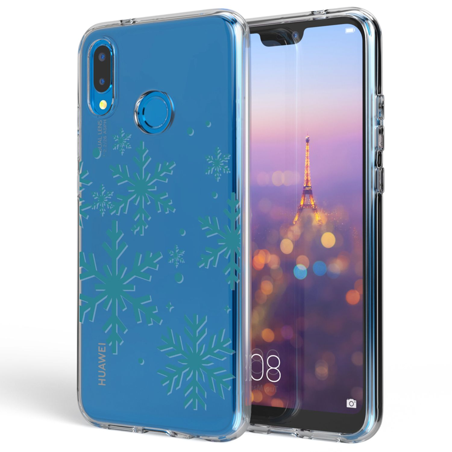 Blaue Handyhülle mit Schneeflocken. Telefon zeigt farbenfrohes Bild.