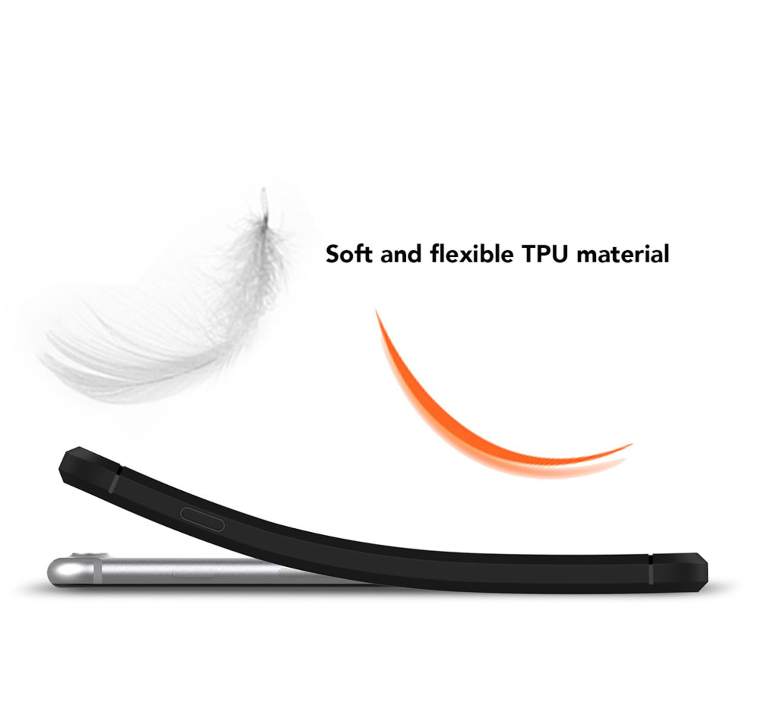 Funda de teléfono negra doblada. Material TPU suave y flexible. Pluma blanca y arco naranja gráfico.