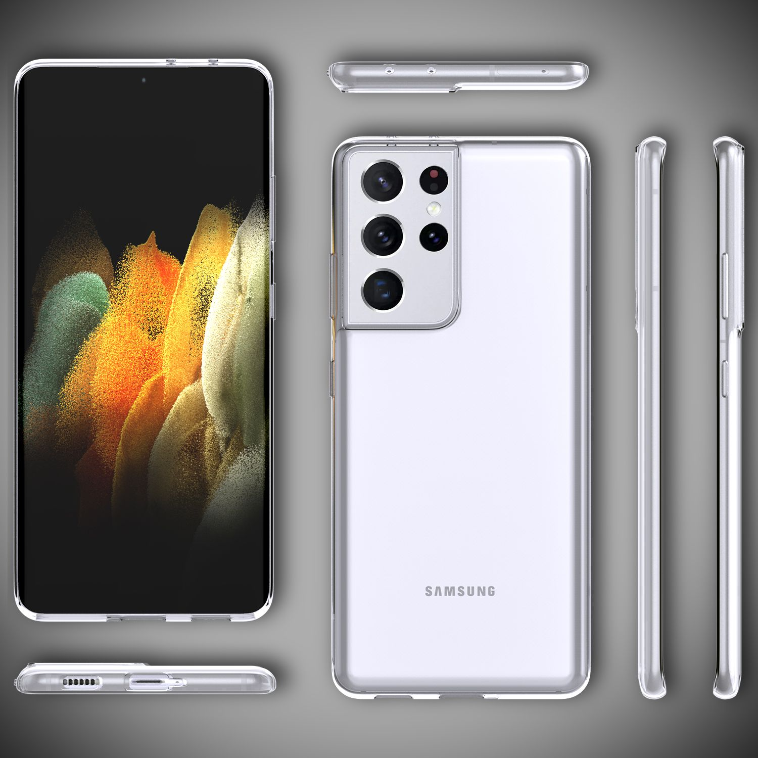 Eine transparente Handyhülle auf einem weißen Telefon. Das Telefon ist auf grauem Hintergrund. Enthält Vorder-, Rück- und Seitenansichten.