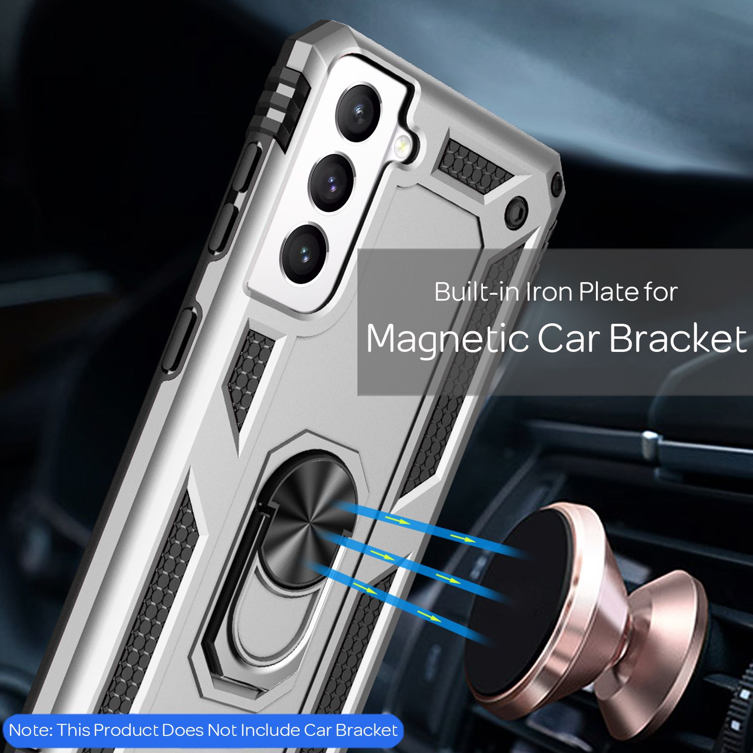 Custodia per telefono argentata con supporto magnetico per auto. Frecce blu mostrano la connessione magnetica. Interni auto.