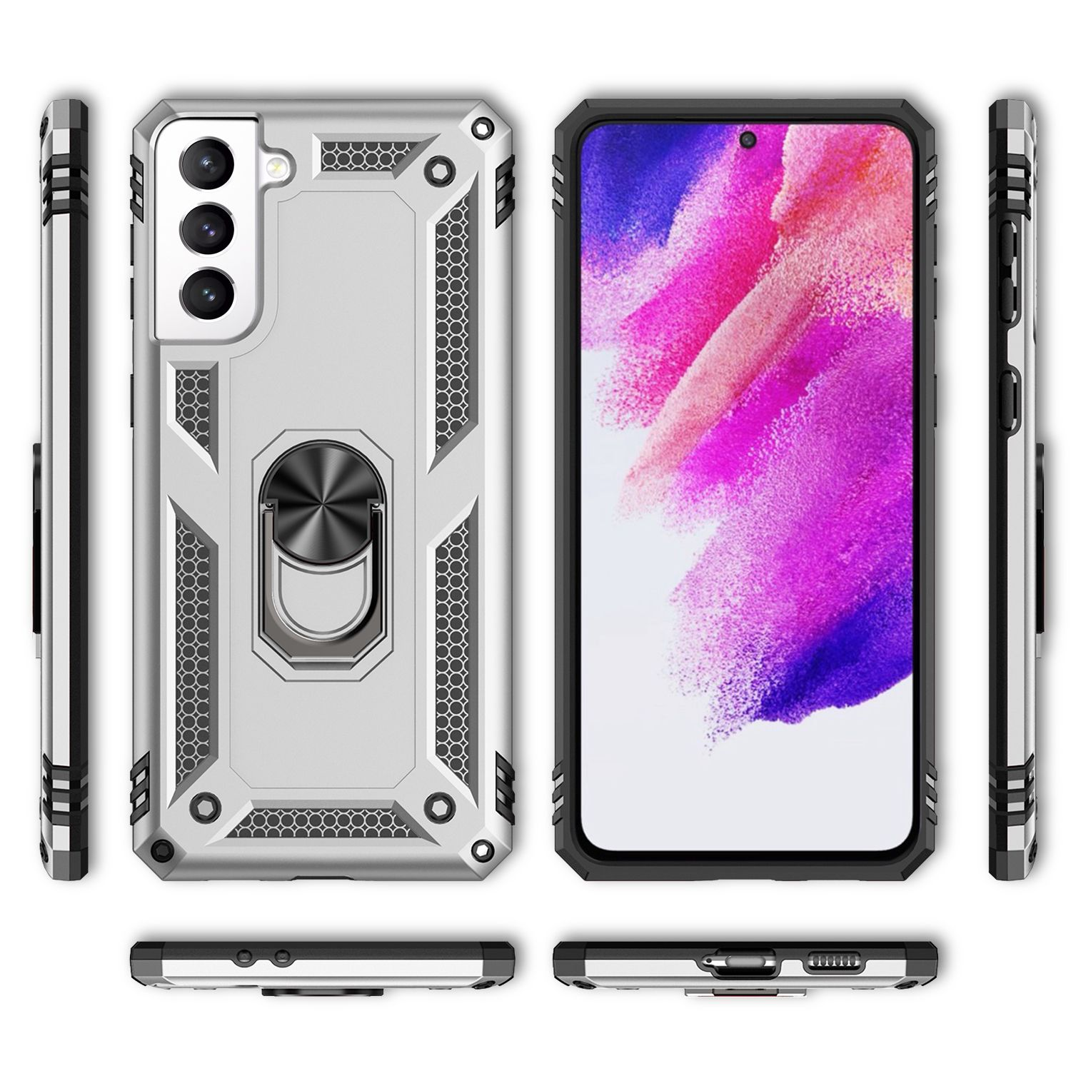 Custodia per telefono argentata con accenti neri. Varie visualizzazioni. Supporto ad anello sul retro. Configurazione della fotocamera visibile.