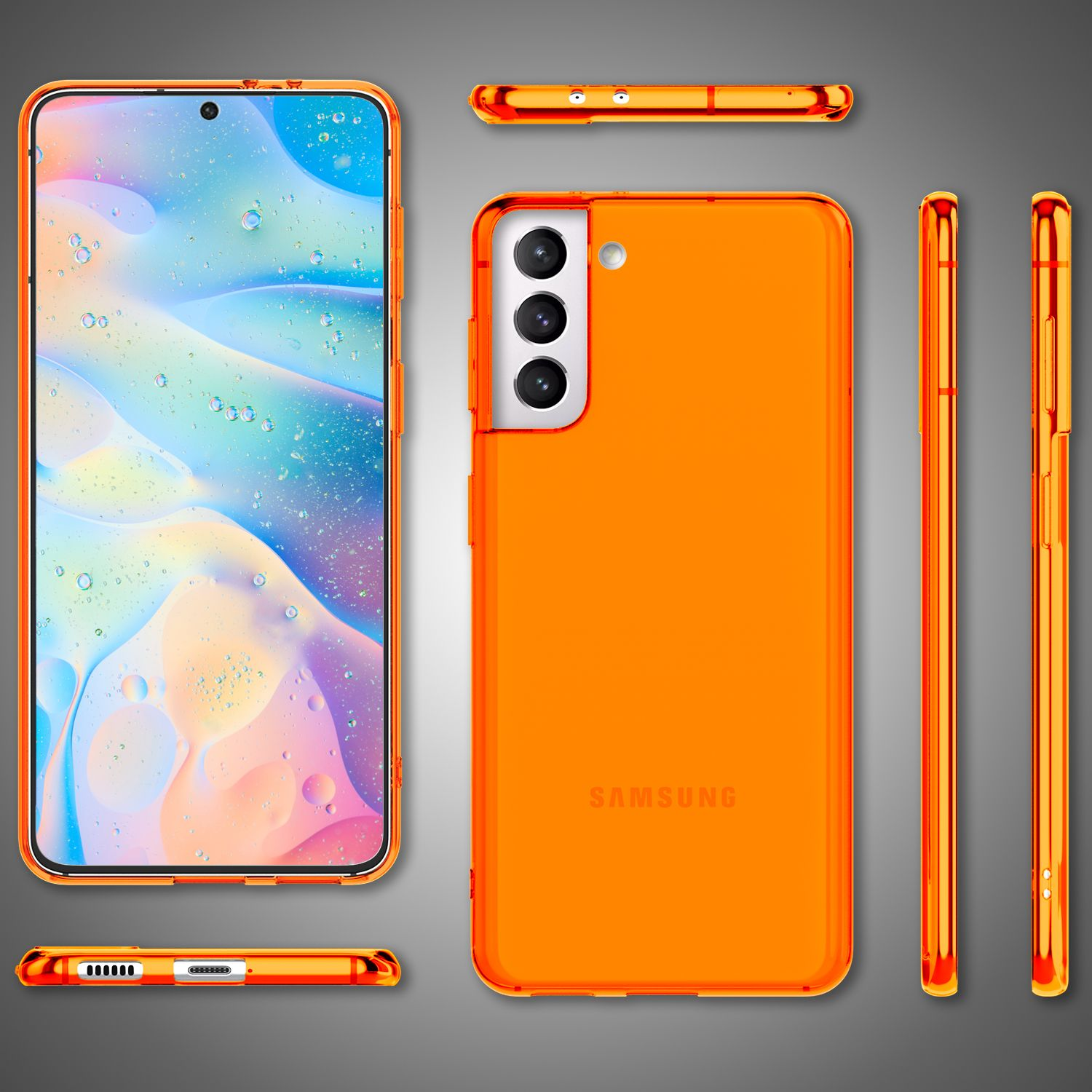 Set di custodie per telefono arancioni. Include viste anteriore, posteriore e laterale, più viste dall'alto e dal basso.