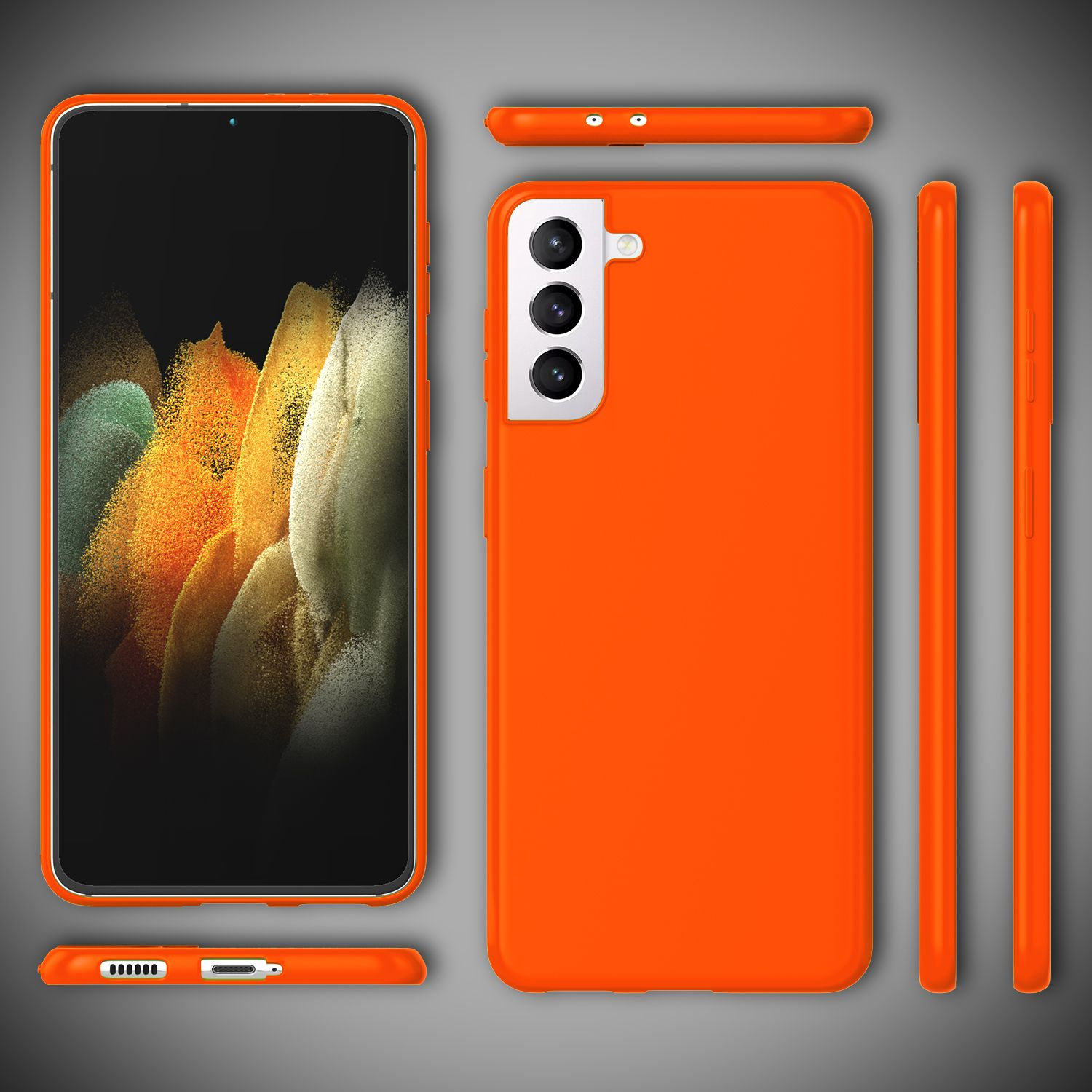 Orangefarbene Handyhülle mit Telefon. Enthält Vorder-, Rück- und Seitenansichten, sowie Draufsicht und Untersicht.