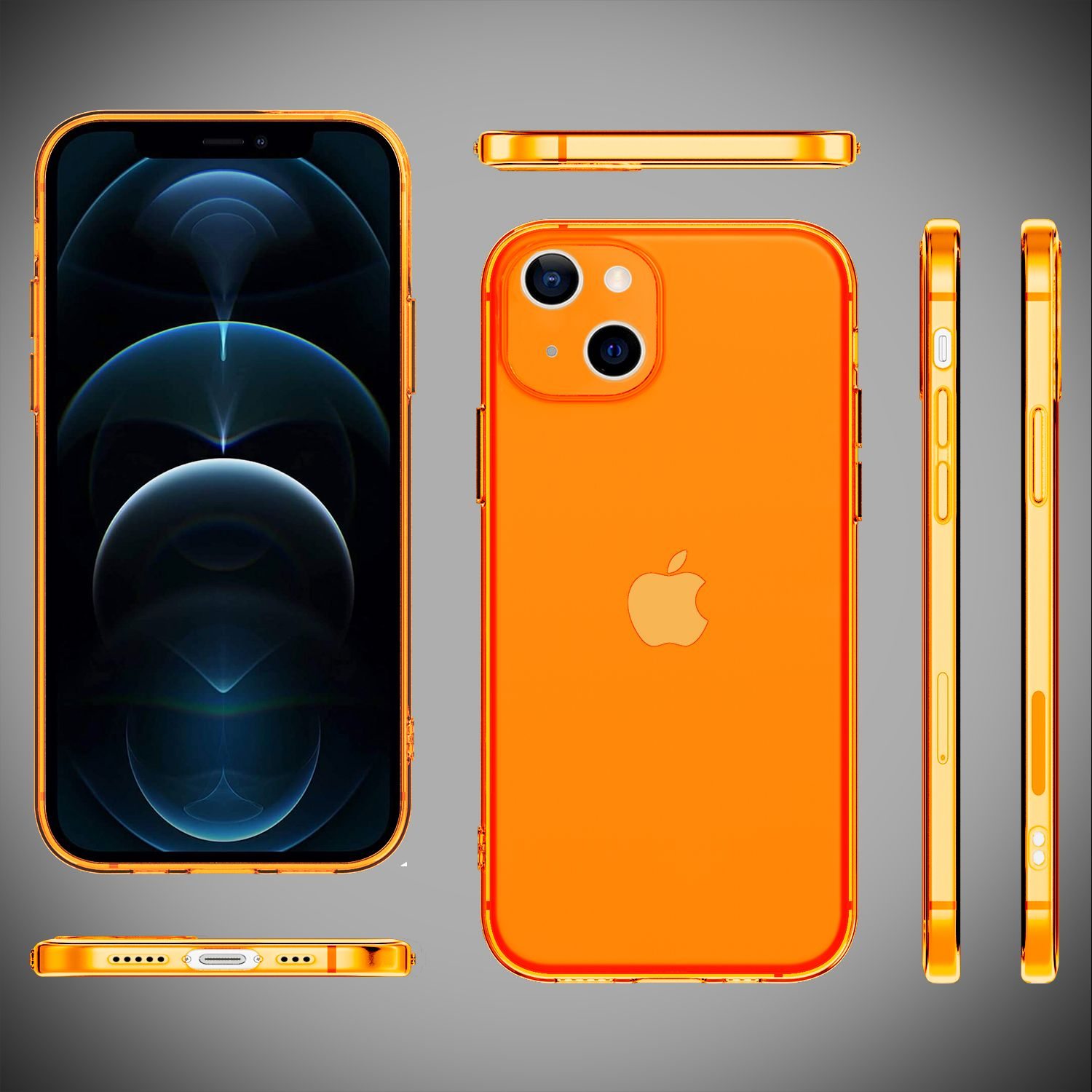 Custodia arancione per telefono, varie viste, laterale, frontale, posteriore. Logo Apple, bordi trasparenti.