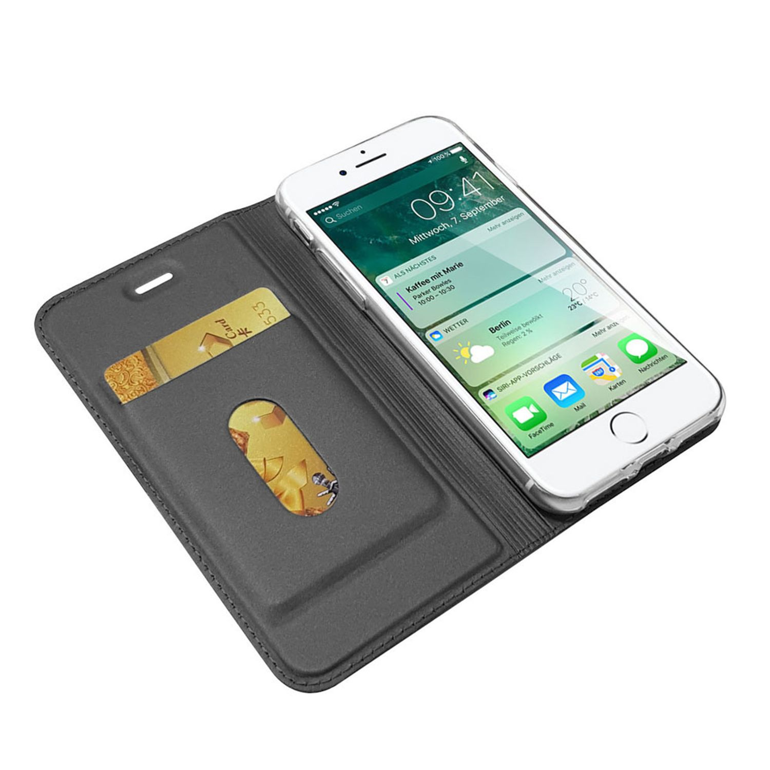 Portefeuille de téléphone ouvert, noir, téléphone à l'intérieur, fente pour carte, fond gris, téléphone blanc.