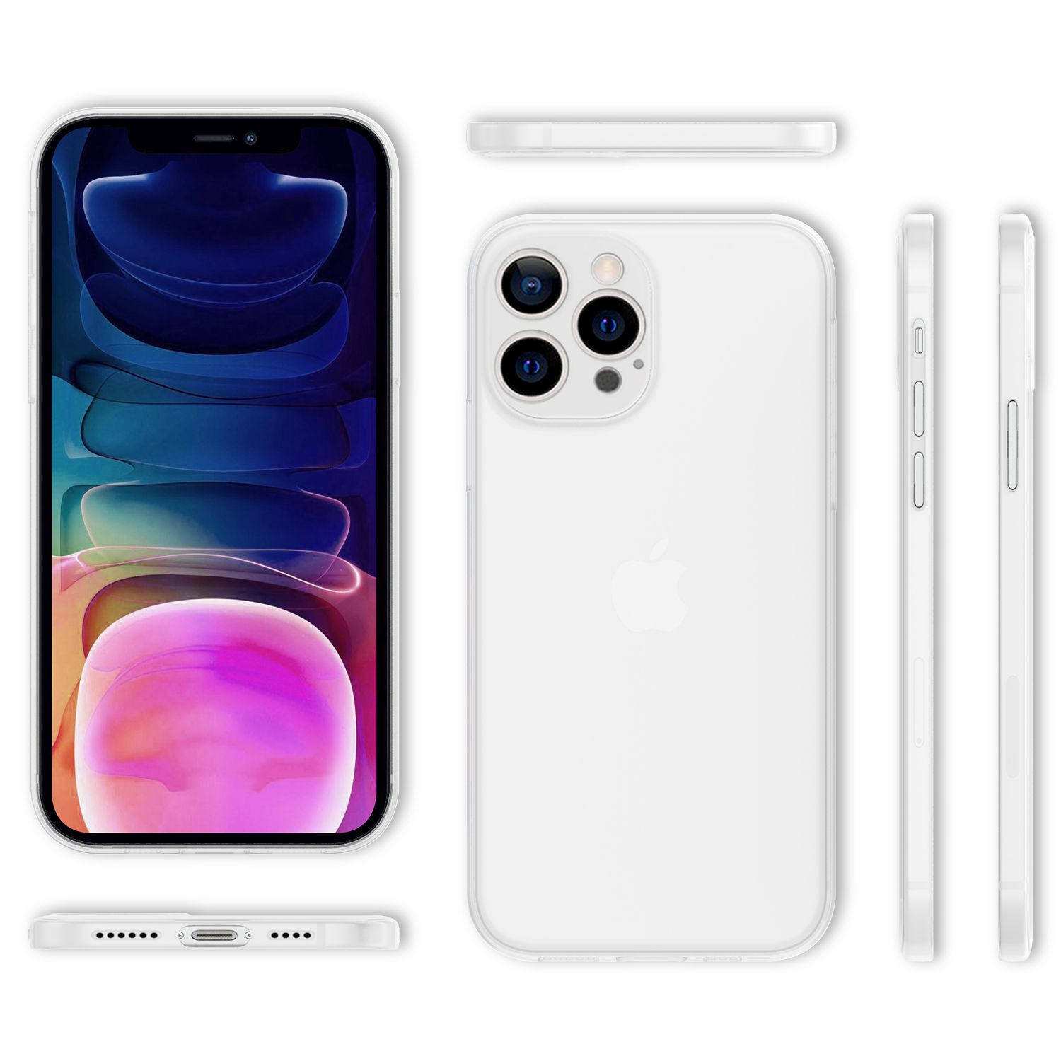 Weißes iPhone mit Hülle. Vorder-, Rück-, Seiten- und Unteransicht.