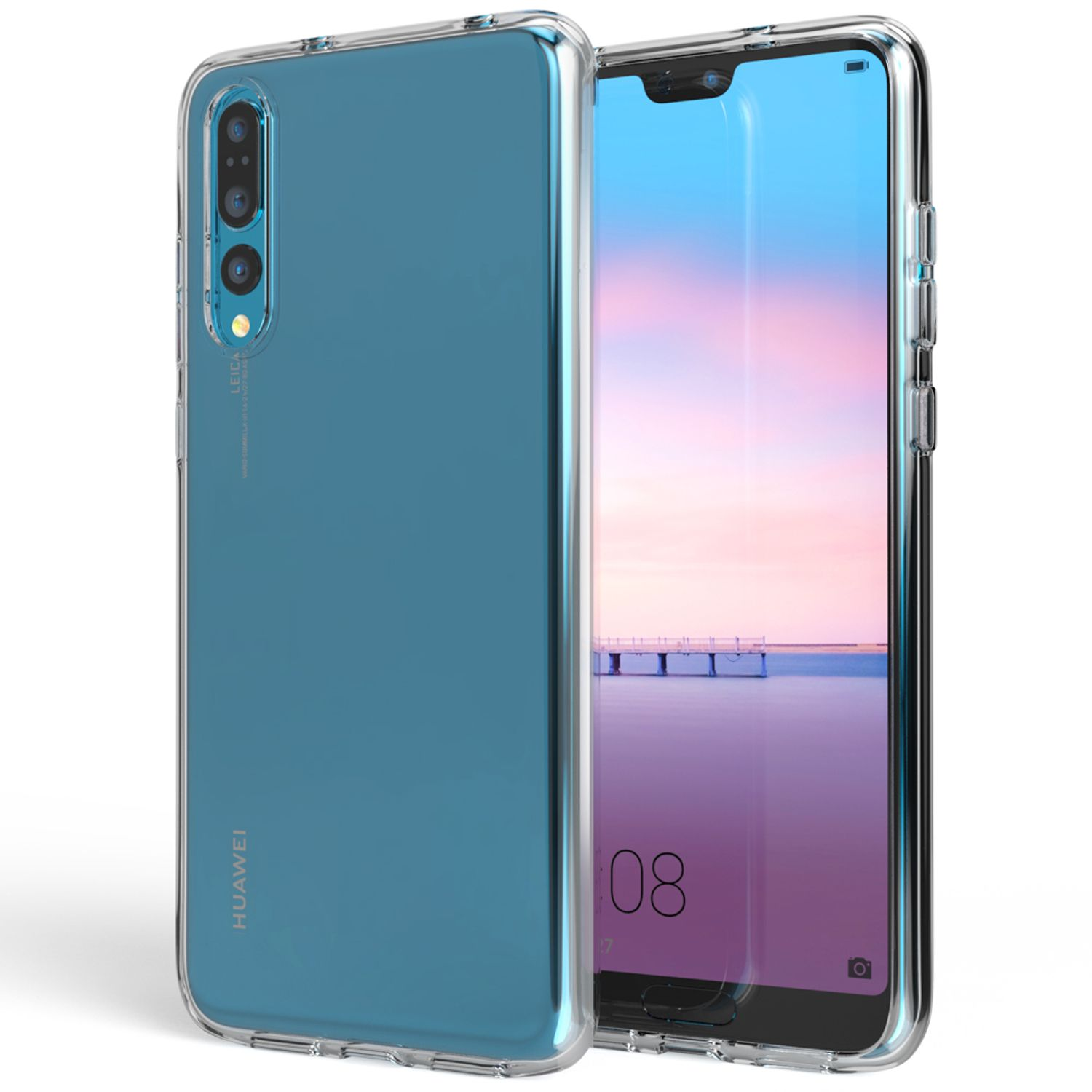 Transparente Handyhülle auf Telefon mit Display, blau und rosa.