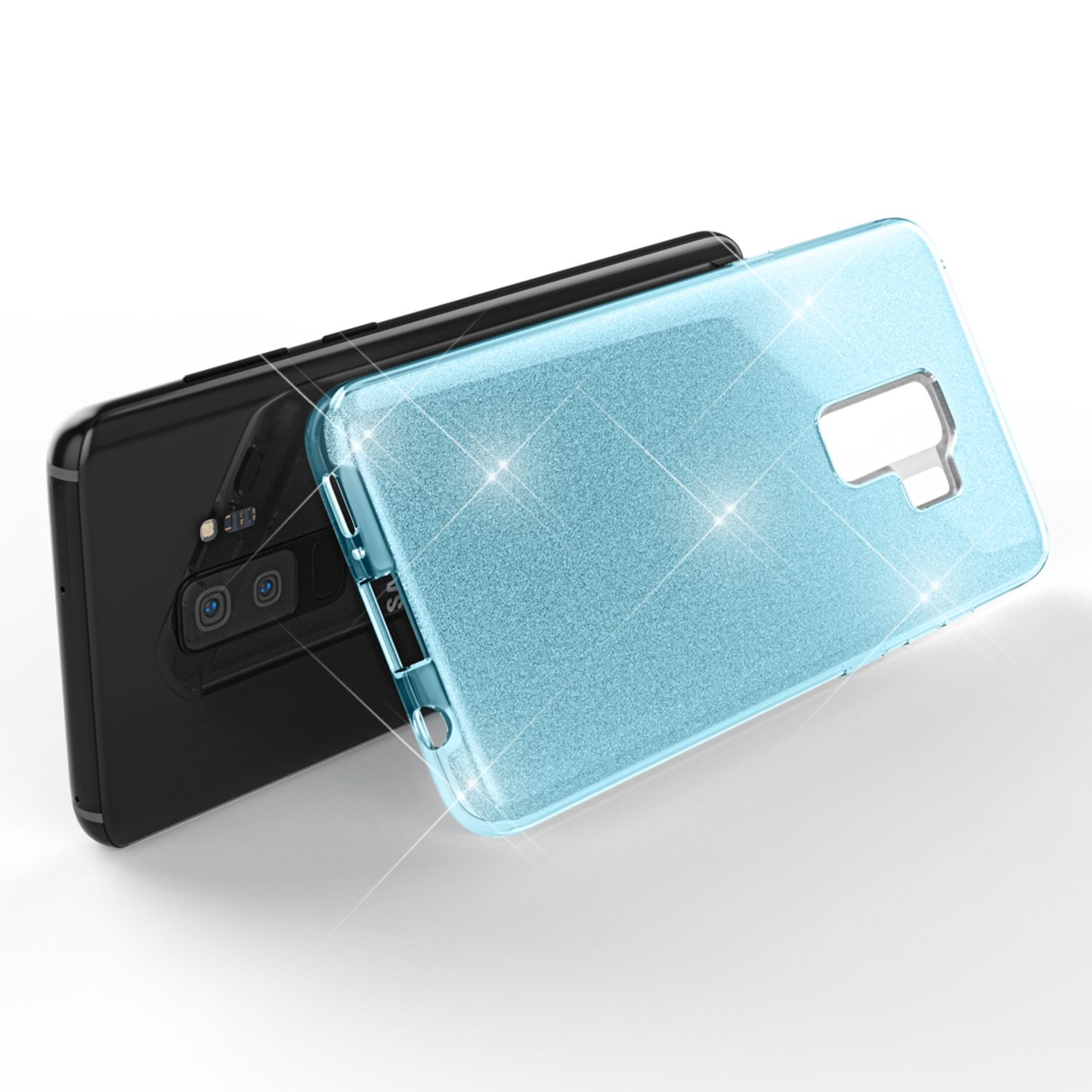Custodie per telefono nere e azzurro chiaro. La custodia azzurro chiaro ha una superficie glitterata.
