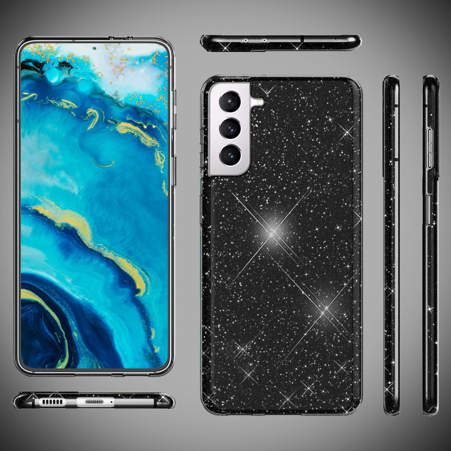 Custodia per telefono nera glitterata con tre fotocamere. Diverse viste della custodia.
