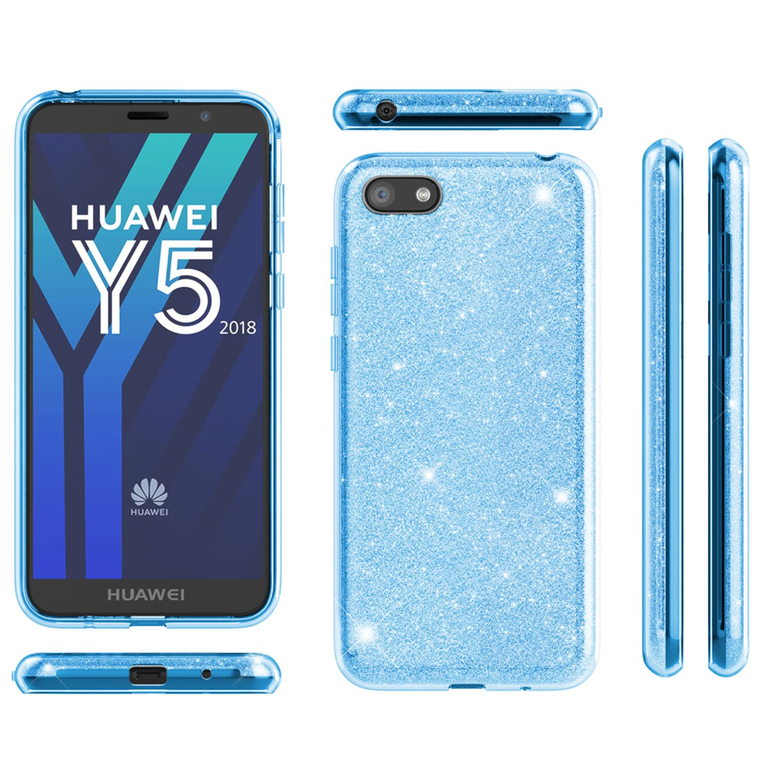 Blaue Glitzer-Handyhülle mit einem Huawei Y5-Telefon, mehrere Ansichten. Weißer Hintergrund.