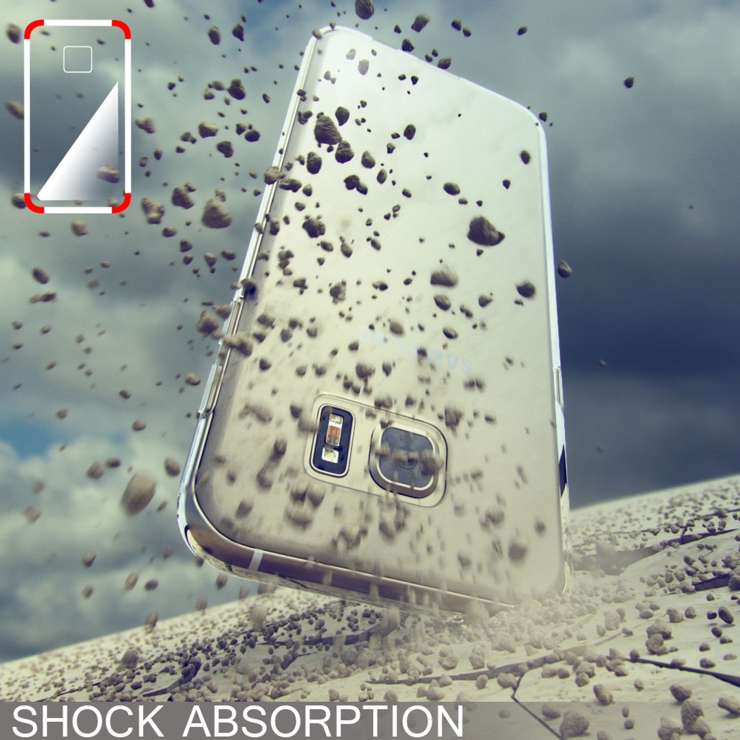 Funda de teléfono con imagen de pantalla rota. El teléfono es transparente, pero el fondo muestra rotura.