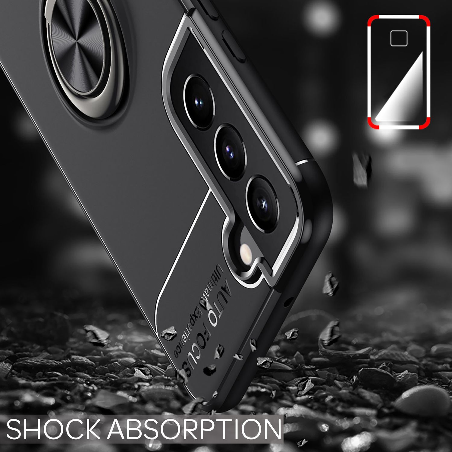 Funda de teléfono negra con soporte de anillo, texto: absorción de impactos. El fondo es una superficie gris oscura.