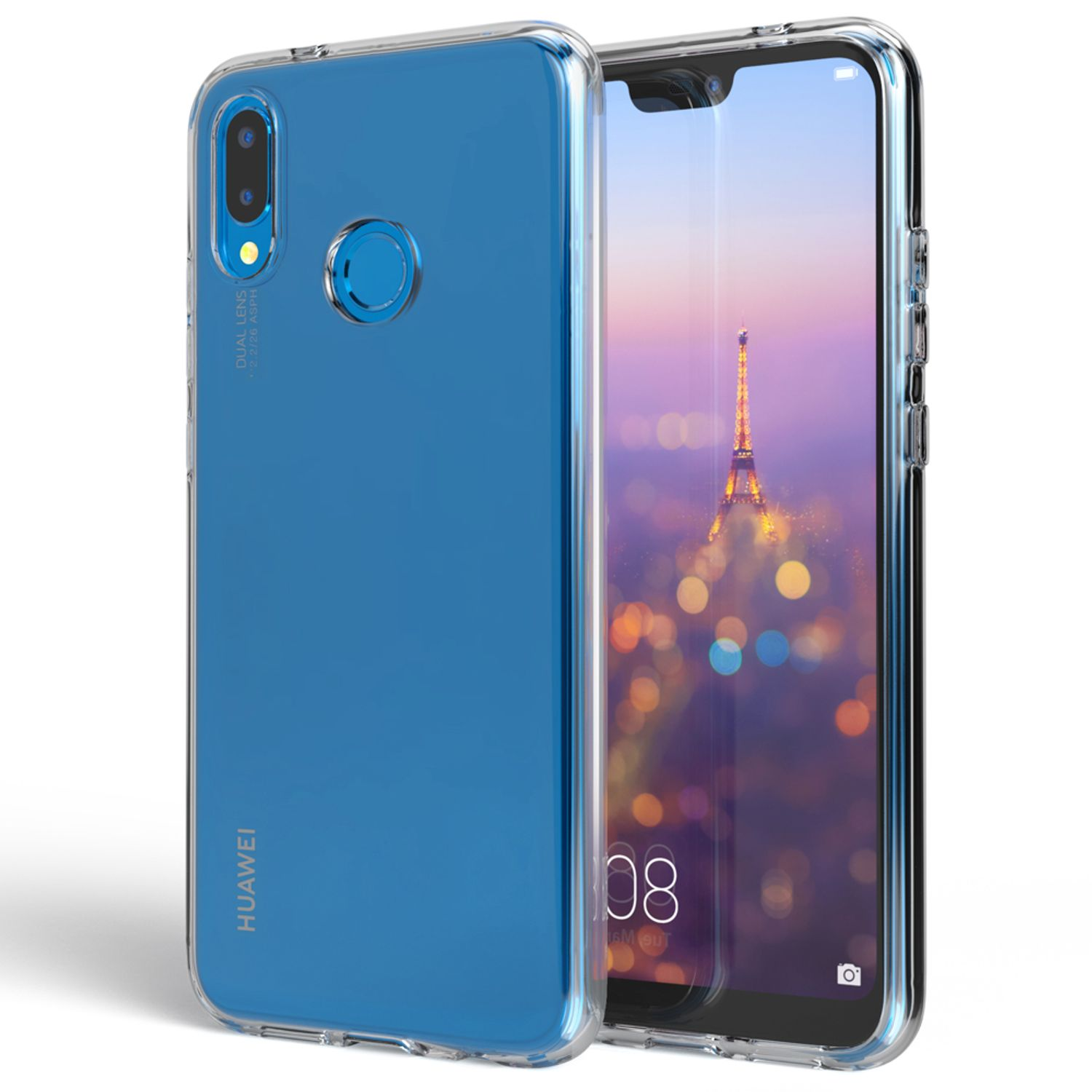 Transparente Handyhülle mit blauem Telefon darin. Das Telefon zeigt die Kamera.