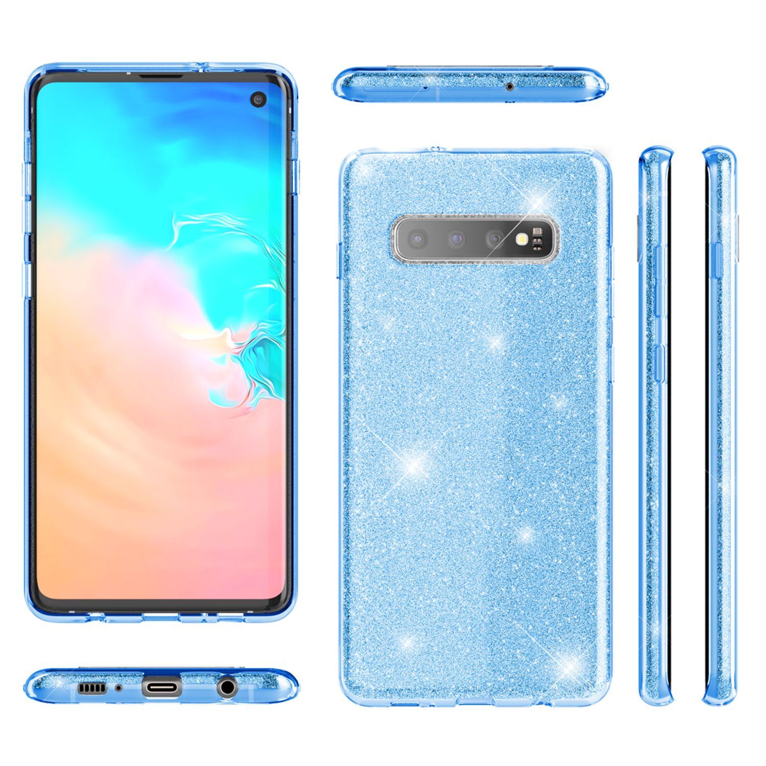 Blaue Glitzer-Handyhülle mit mehreren Ansichten. Klarer Hintergrund.