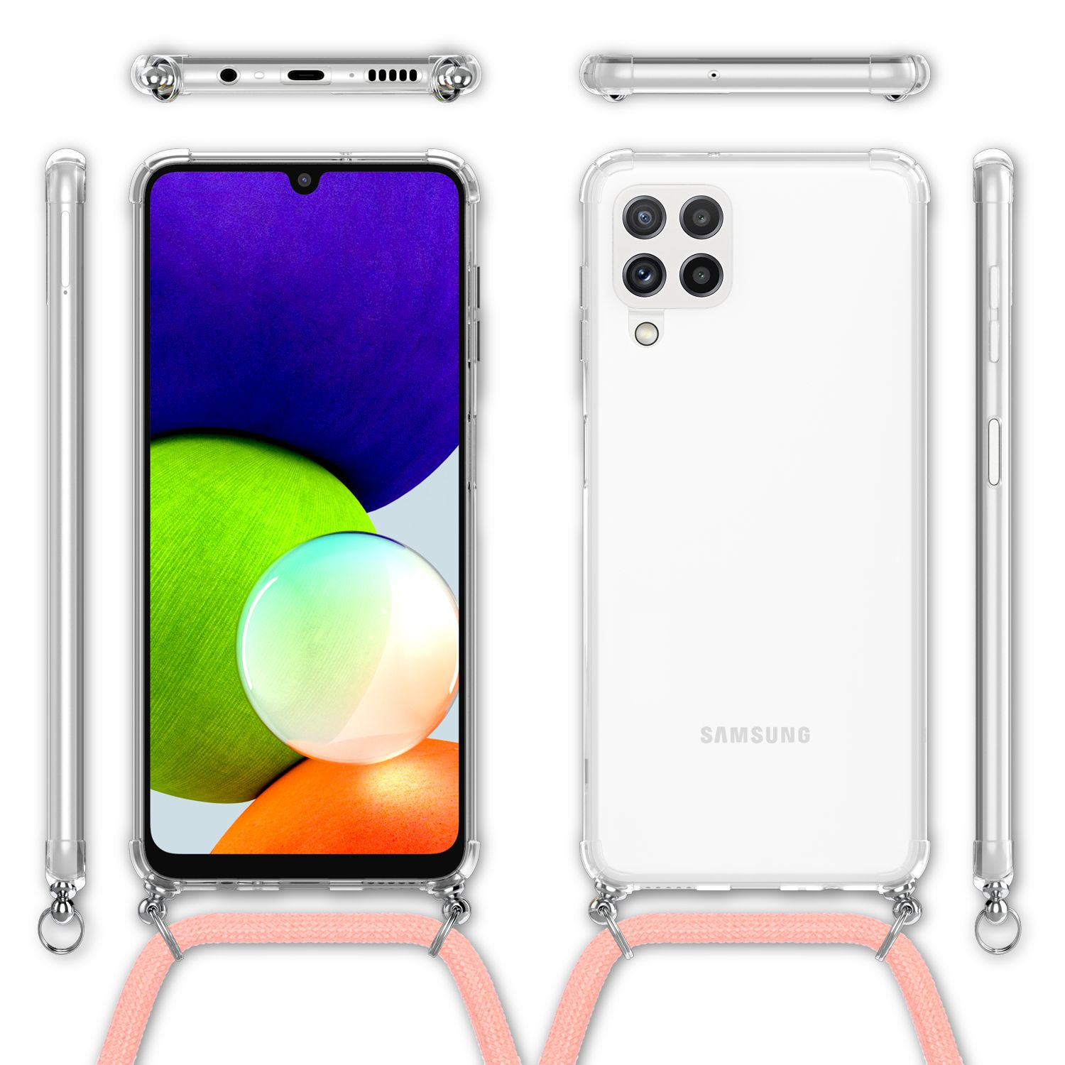 Custodia trasparente per telefono con cinturino rosa, più viste. Sfondo bianco.