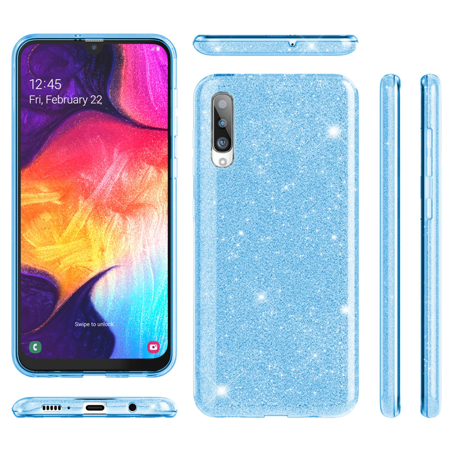Una custodia blu glitterata per un telefono, mostrata da più angolazioni. Lo schermo del telefono è visibile.
