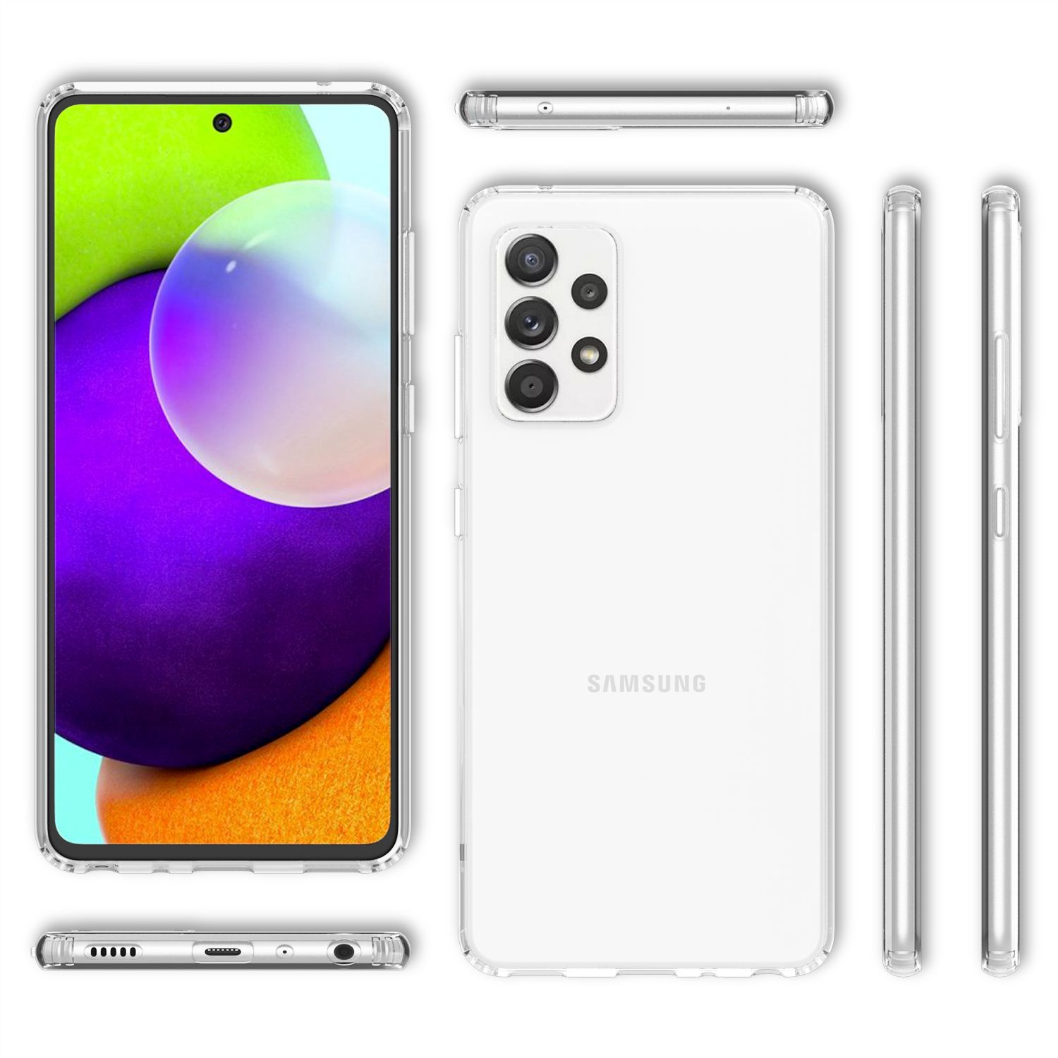 Transparente Handyhülle mit Telefon. Mehrere Ansichten. Weißer Hintergrund.