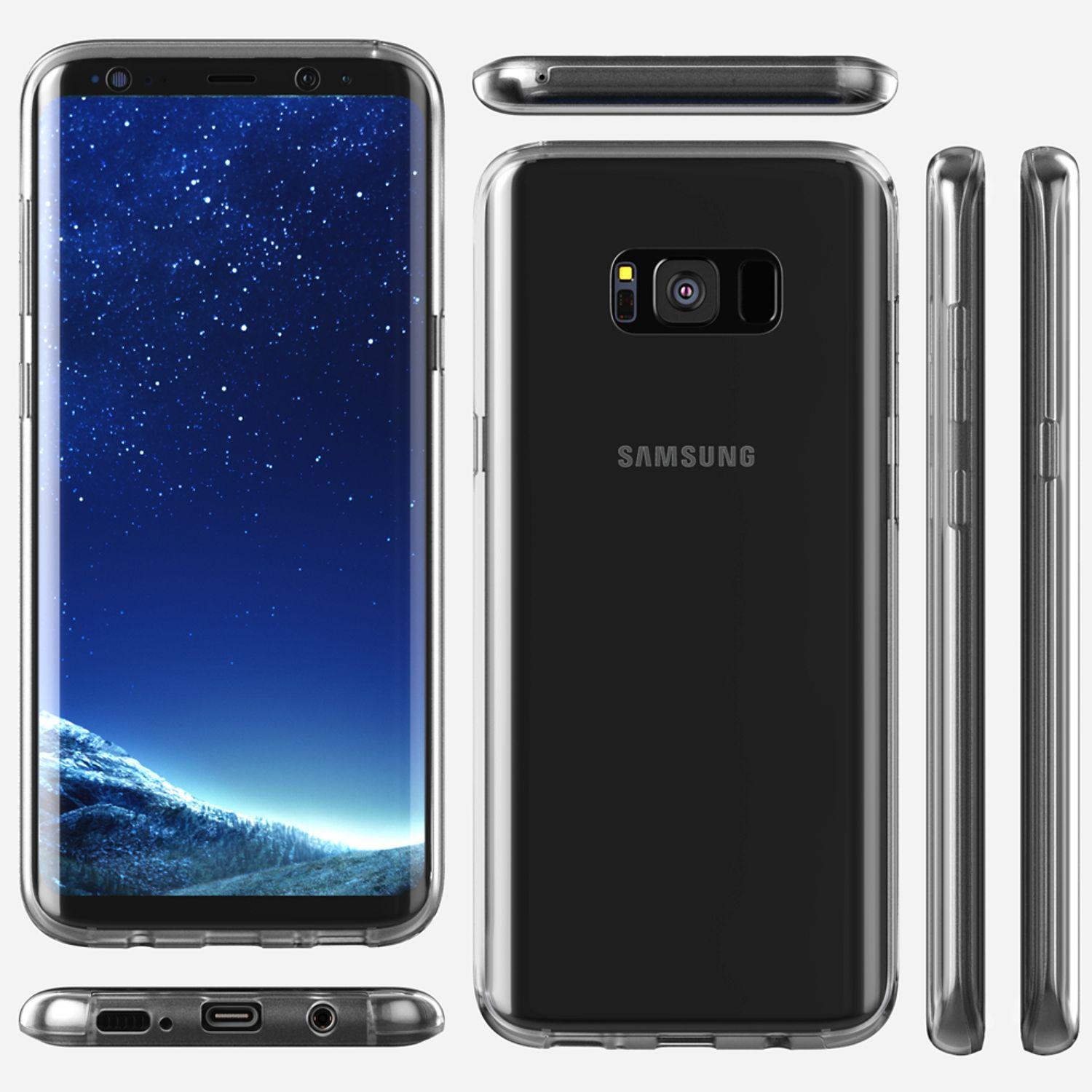 Eine transparente Handyhülle auf einem Samsung-Handy, zeigt Bildschirm und Rückseite.