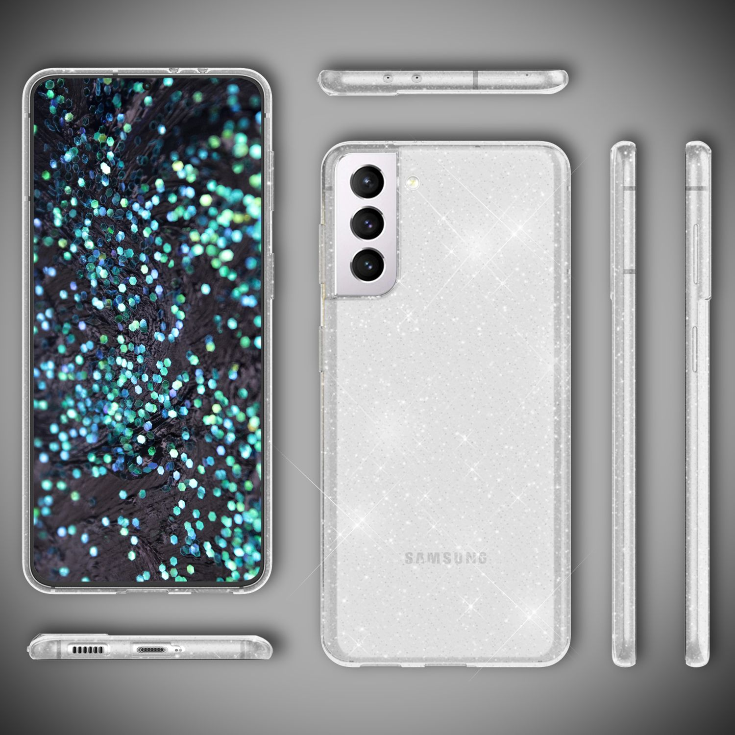 Transparente, glitzernde Handyhülle, mehrere Ansichten. Weißer Hintergrund, Samsung-Logo.