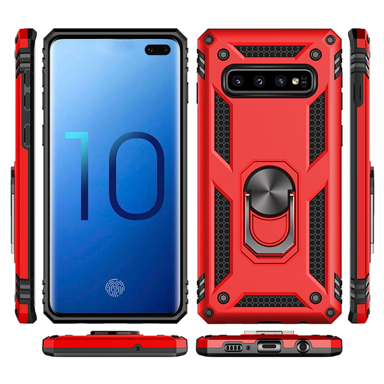 Telefon in roter Hülle. Der Bildschirm zeigt die Zahl 10. Die Handyhülle hat einen Ringhalter.