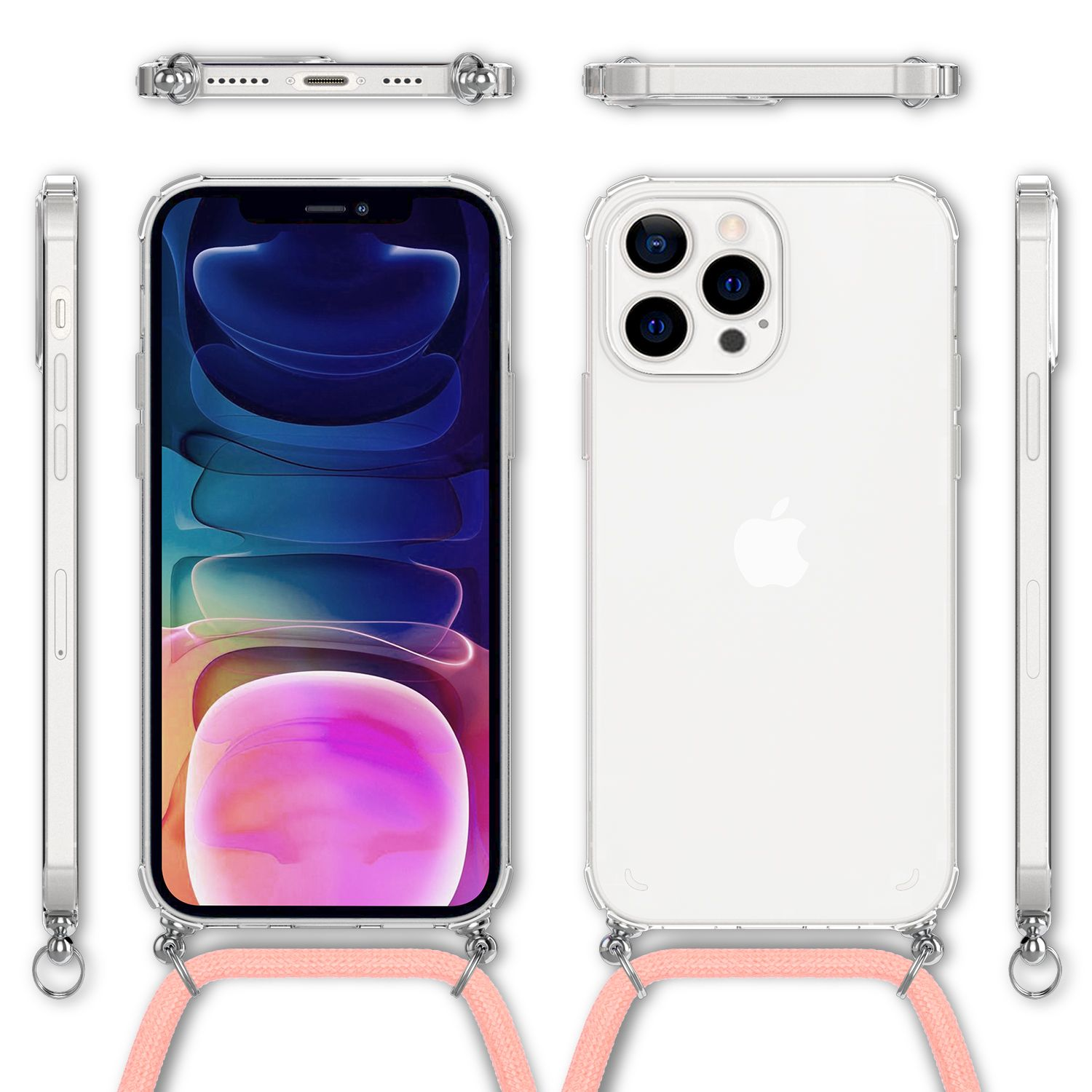 Transparente Handyhülle mit rosa Band, zeigt Vorder- und Rückseite eines Telefons.