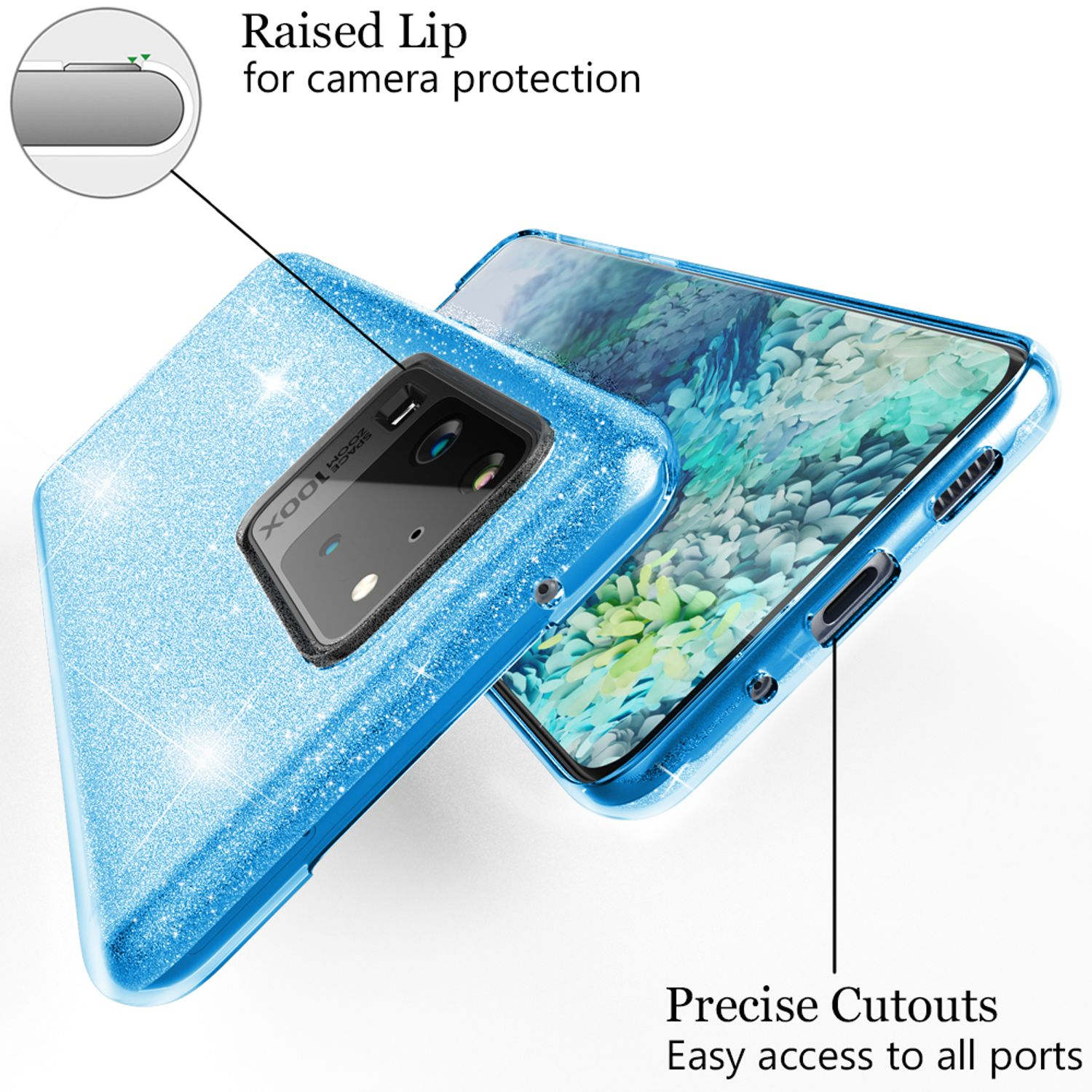 Blaue, glitzernde Handyhülle mit Telefon, zeigt Kameraschutz und Ausschnitte.