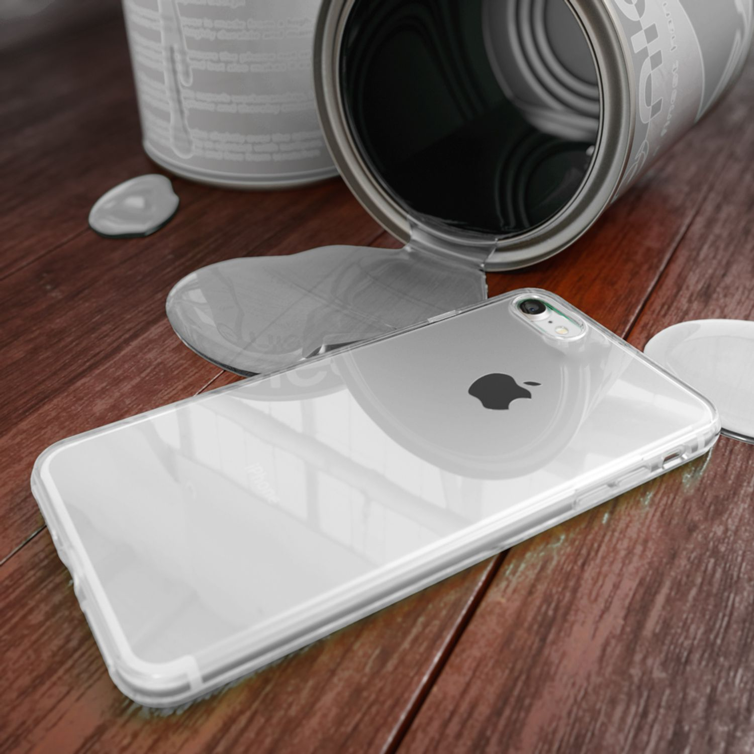 Ein iPhone in einer durchsichtigen Hülle auf einer Holzoberfläche, verschüttete Farbe.