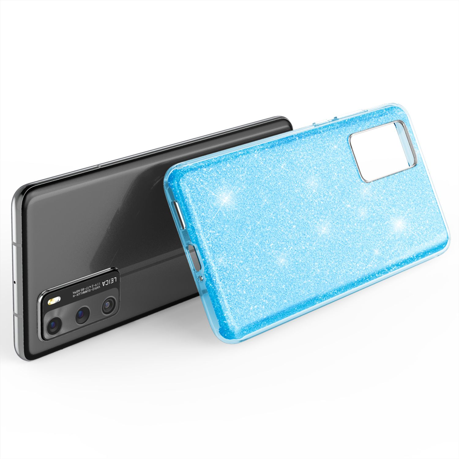 Blaue Glitzer-Handyhülle auf einem Telefon, abgewinkelt, zeigt die Rückseite des Telefons und die Seite der Hülle. Grauer Hintergrund.