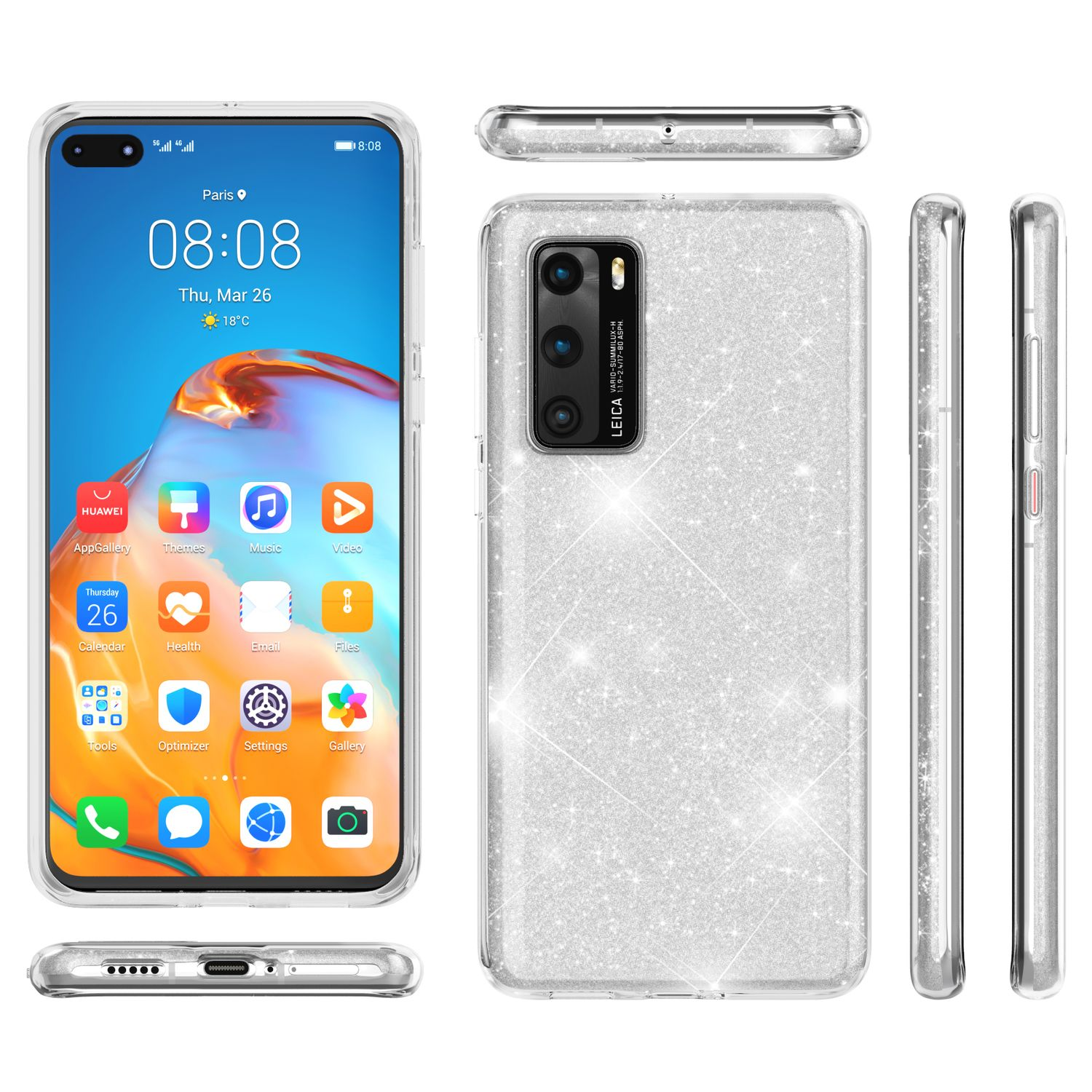 Ein Telefon mit einer transparenten Hülle, das den Bildschirm sowie Seiten- und Rückansichten zeigt.