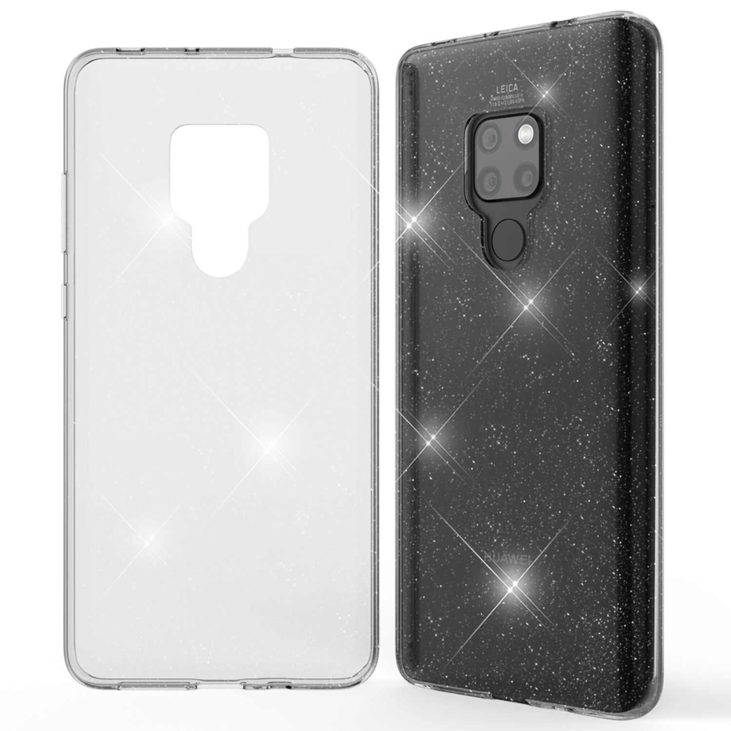 Transparente Handyhülle, hinten glitzernd, mit Huawei-Telefon. Klare Seiten und Kameraausschnitt.