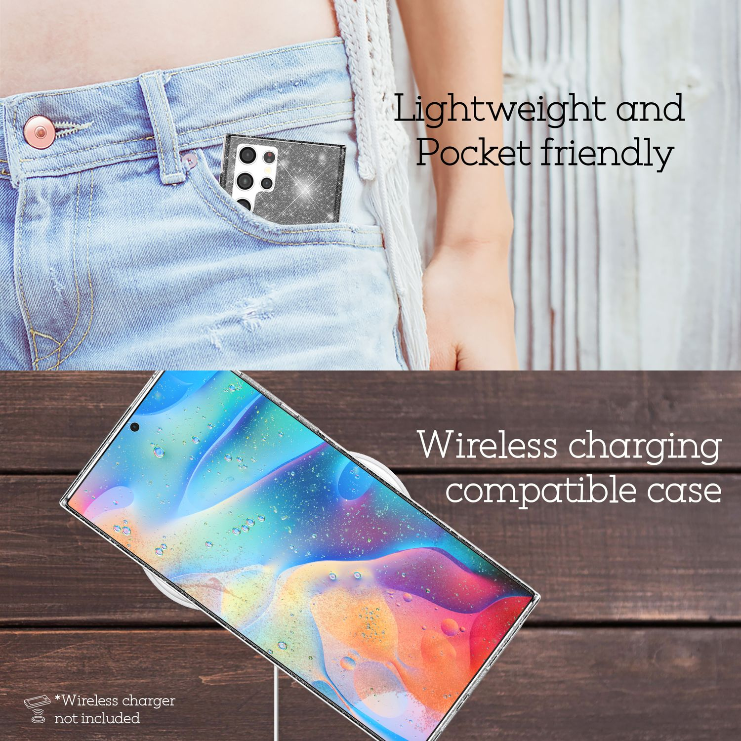 Der Mittelteil einer Frau mit einem Telefon in der Tasche, das eine Hülle zeigt.