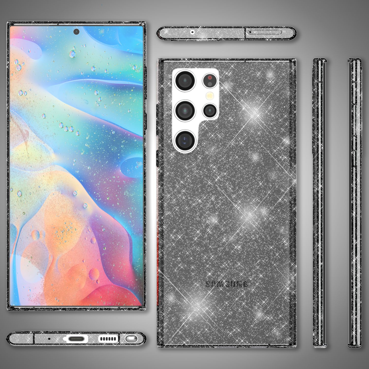 Ein Telefon mit Glitzerhülle, das mehrere Ansichten zeigt: vorne, hinten und Seiten.