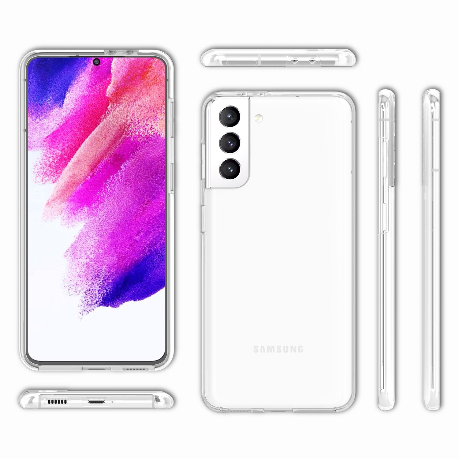 Telefon in transparenter Hülle. Weißer Hintergrund. Mehrere Winkel.