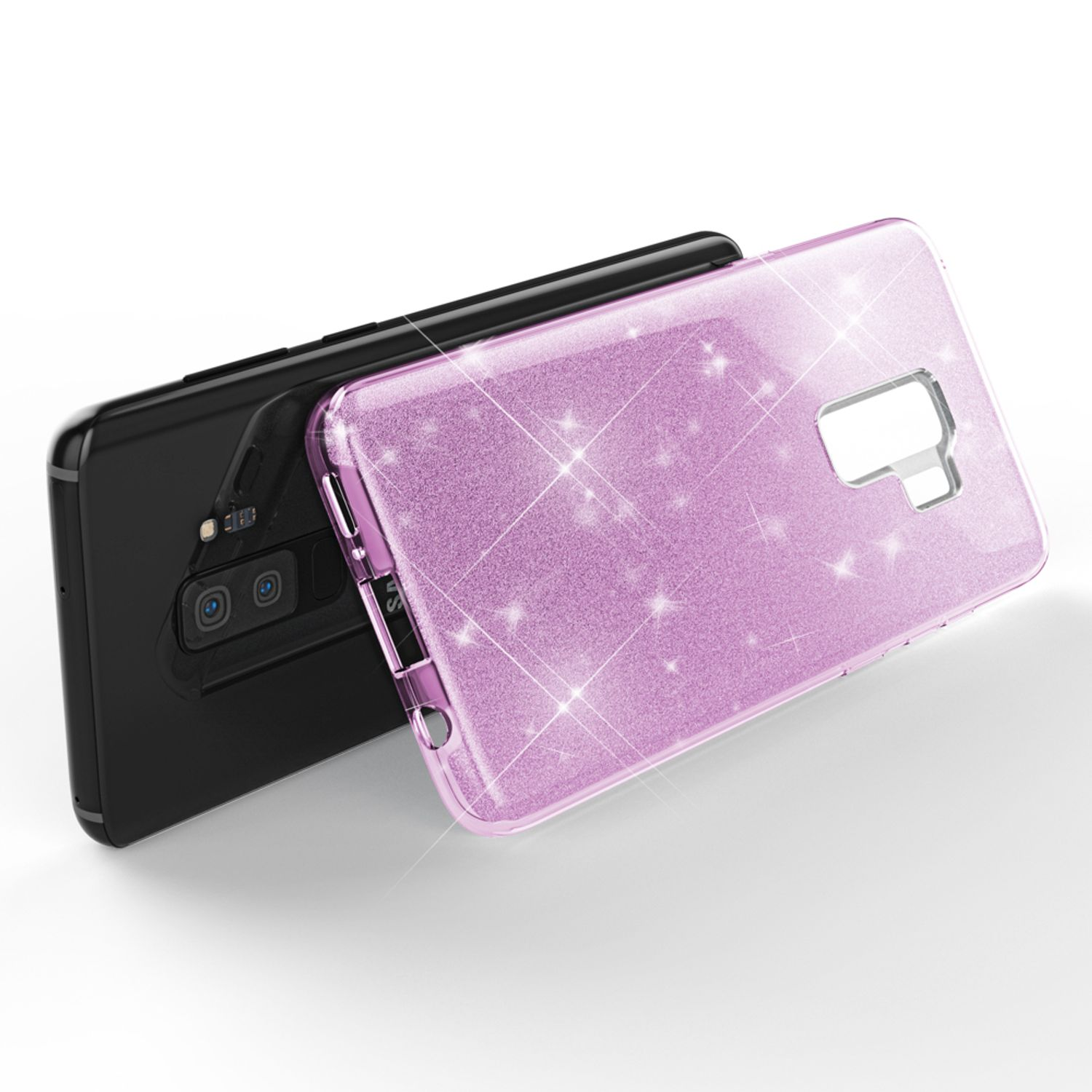 Telefono nero con custodia rosa glitterata. I glitter brillano sulla custodia.